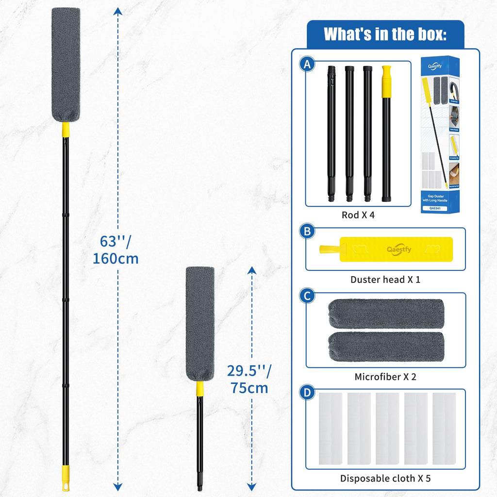 Qaestfy Under Appliance Cleaning Tool with Long Handle, 2 Reusable Microfiber Pads, 5 Disposable Dusting Cloths, Retractable Flat Gap Duster for Behind Fridge, Washer, Bed, Furniture
