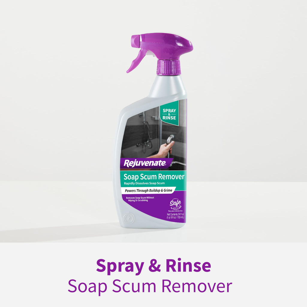 Rejuvenate Scrub Free Soap Scum Remover Non-Toxic Non-Abrasive Cleaning Formula - Spray and Rinse for Streak Free Finish on Glass, Ceramic Tile, Chrome, Plastic and More – 24 Ounce