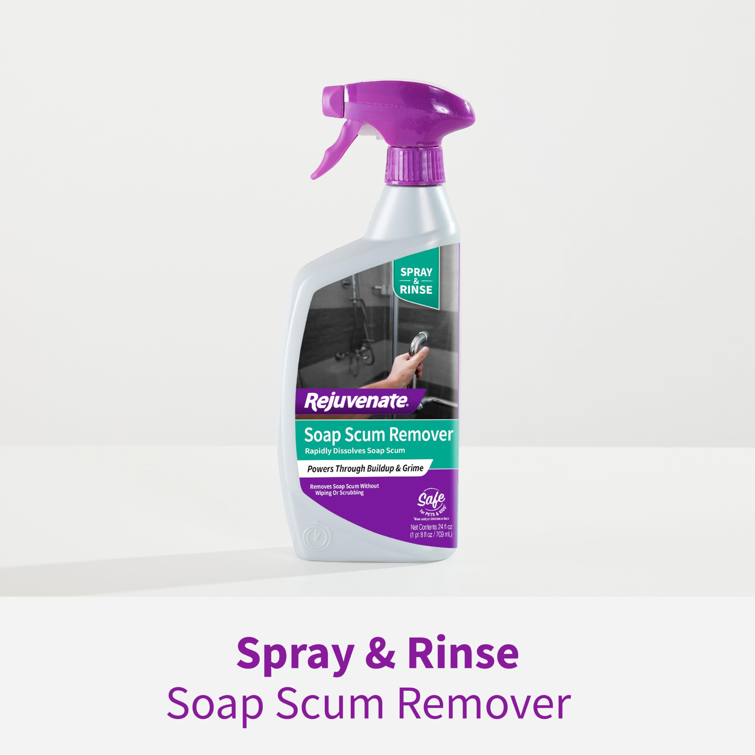 Rejuvenate Scrub Free Soap Scum Remover Non-Toxic Non-Abrasive Cleaning Formula - Spray and Rinse for Streak Free Finish on Glass, Ceramic Tile, Chrome, Plastic and More – 24 Ounce