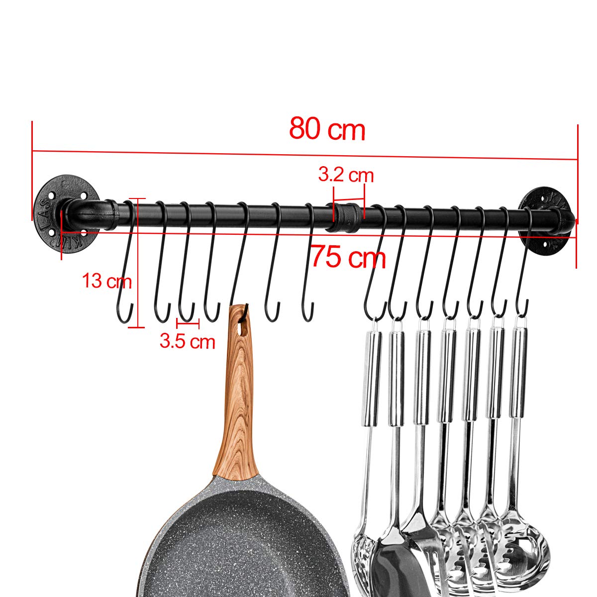 Toplife 80 cm/31.5 Inches Pot Rack, Kitchen Wall Mounted Detachable Pan Lid Utensils Organizer Hanging Rail with 14 Hooks, Black