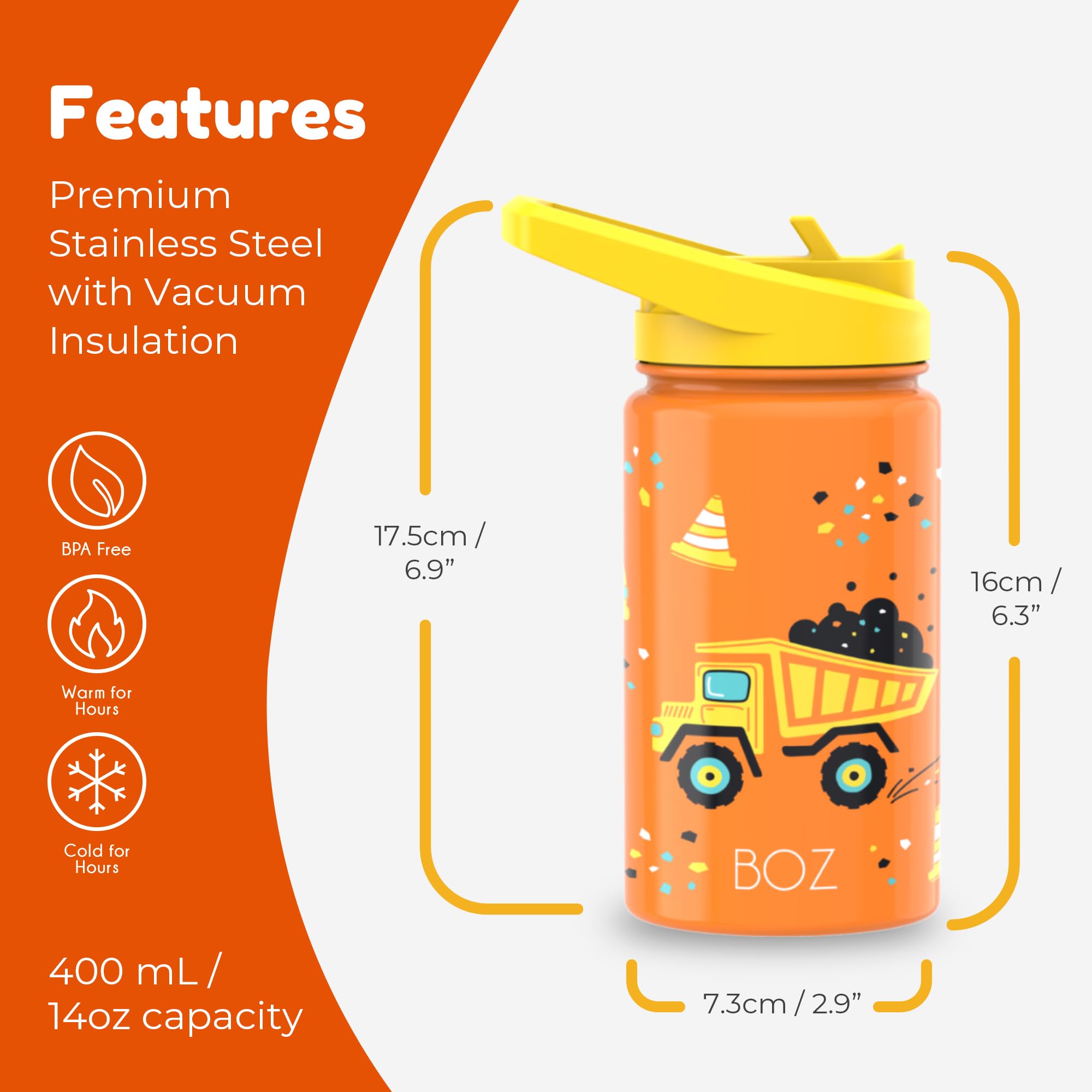 BOZ Kids Insulated Water Bottle with Straw Lid, Stainless Steel Vacuum Double Wall Water Cup, 14 oz (414ml). Scratch-Resistant Cute Print and Carry Handle, BPA-Free and Dishwasher-Safe (Construction)