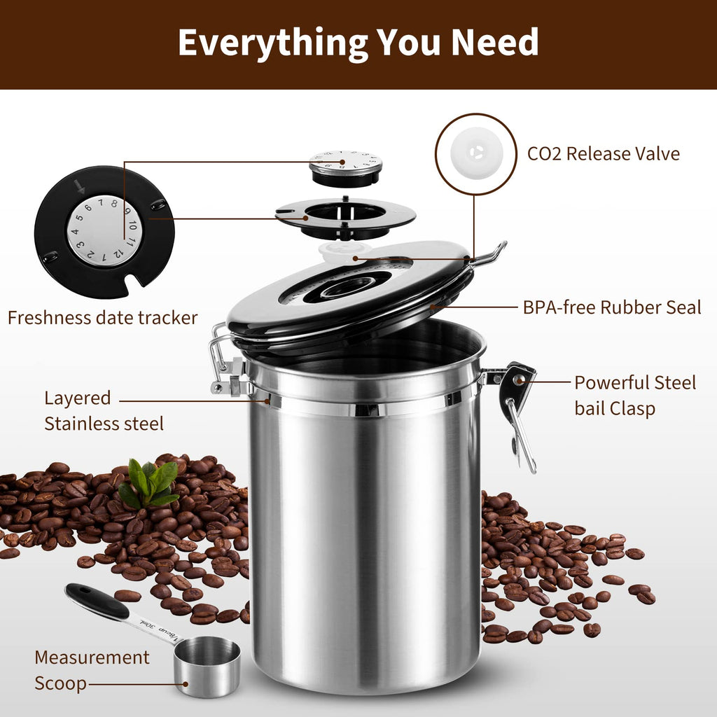 Dyserbuy Airtight Coffee Canister, Stainless Steel Coffee Beans and Grounds Storage Container with Date Tracker, Scoop, CO2 Valves, for Beans, Grounds, Tea, Sugar, Silver