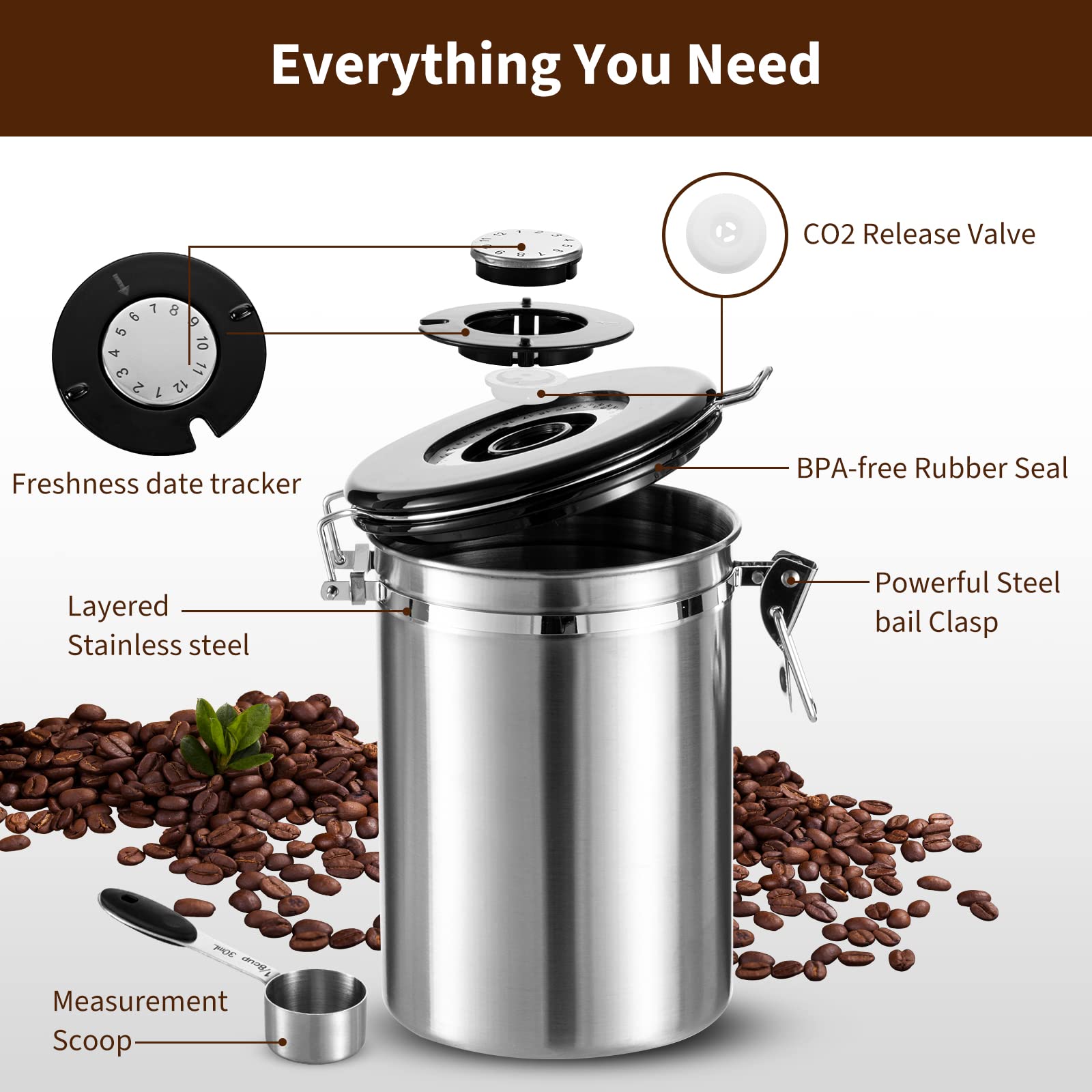 Dyserbuy Airtight Coffee Canister, Stainless Steel Coffee Beans and Grounds Storage Container with Date Tracker, Scoop, CO2 Valves, for Beans, Grounds, Tea, Sugar, Silver