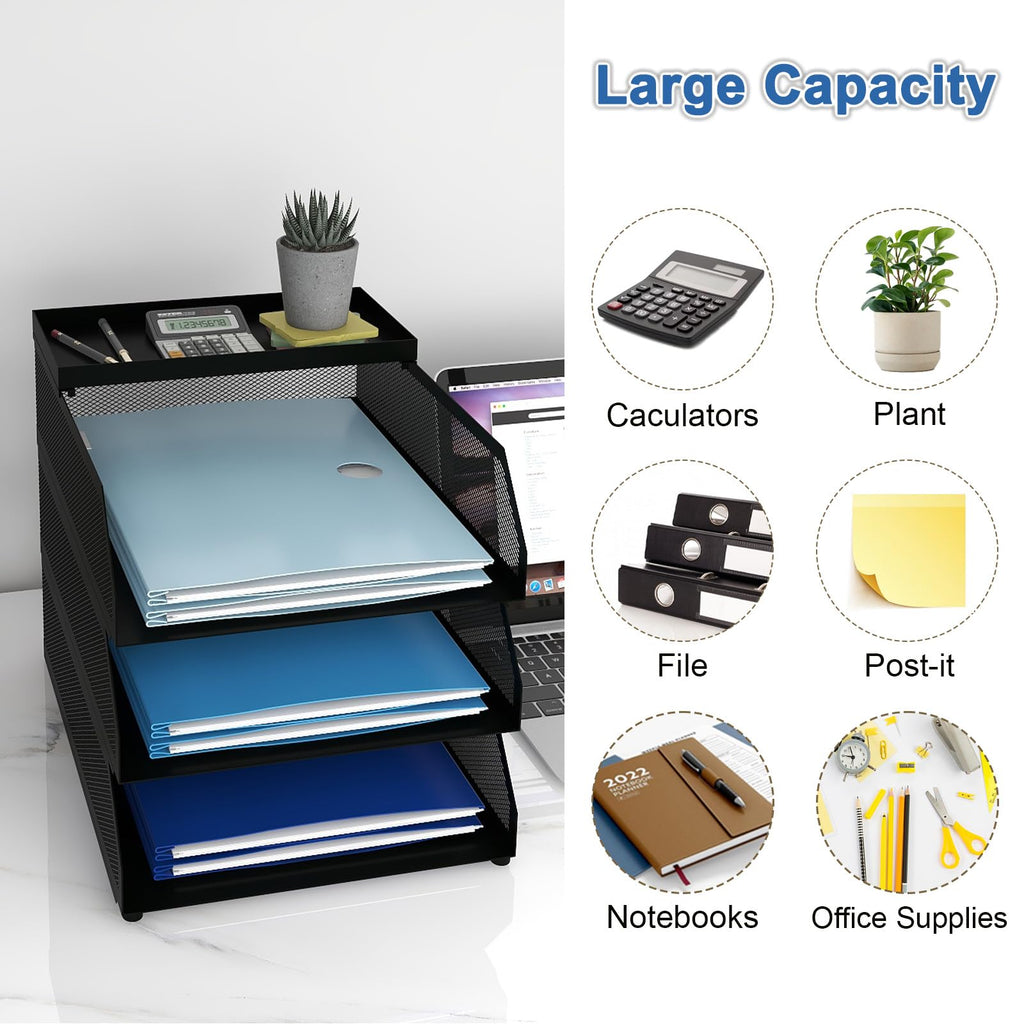 Natwind 3-Tier Stackable Paper Tray, Metal Mesh Desktop Organizer, Paper Sorter, Letter Trays,File Document Storage Rack for for Home, Office, School (Black)