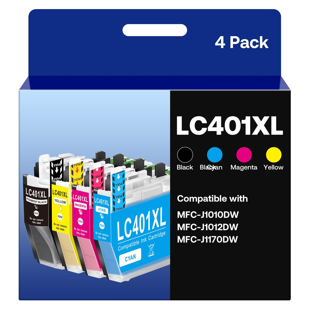 LC401XL Ink Cartridge Replacement for Brother LC401 LC401XL Ink Cartridges Work with MFC-J1170DW J1010DW J1012DW Printer (Black, Cyan, Magenta, Yellow, 4 Pack)