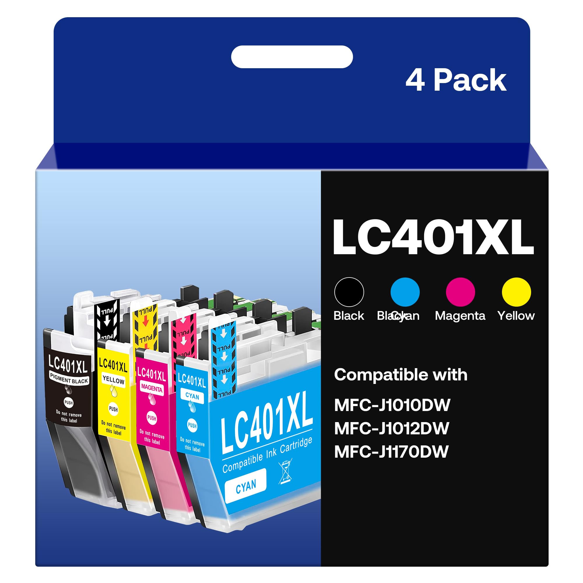 LC401XL Ink Cartridge Replacement for Brother LC401 LC401XL Ink Cartridges Work with MFC-J1170DW J1010DW J1012DW Printer (Black, Cyan, Magenta, Yellow, 4 Pack)