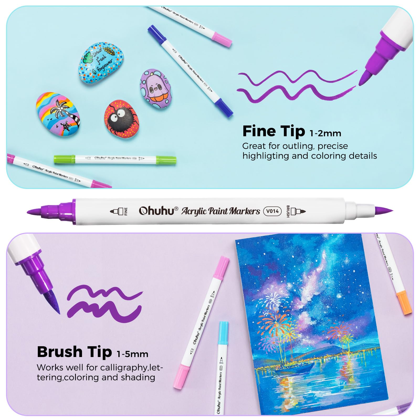 Acrylic Paint Pens 36 Colors, Ohuhu Dual Tips (Fine & Brush) Marker Pens - Waterproof Lightfast High Opacity Acrylic Markers for Rock Painting Easter Eggs Wood Glass Ceramic Canvas