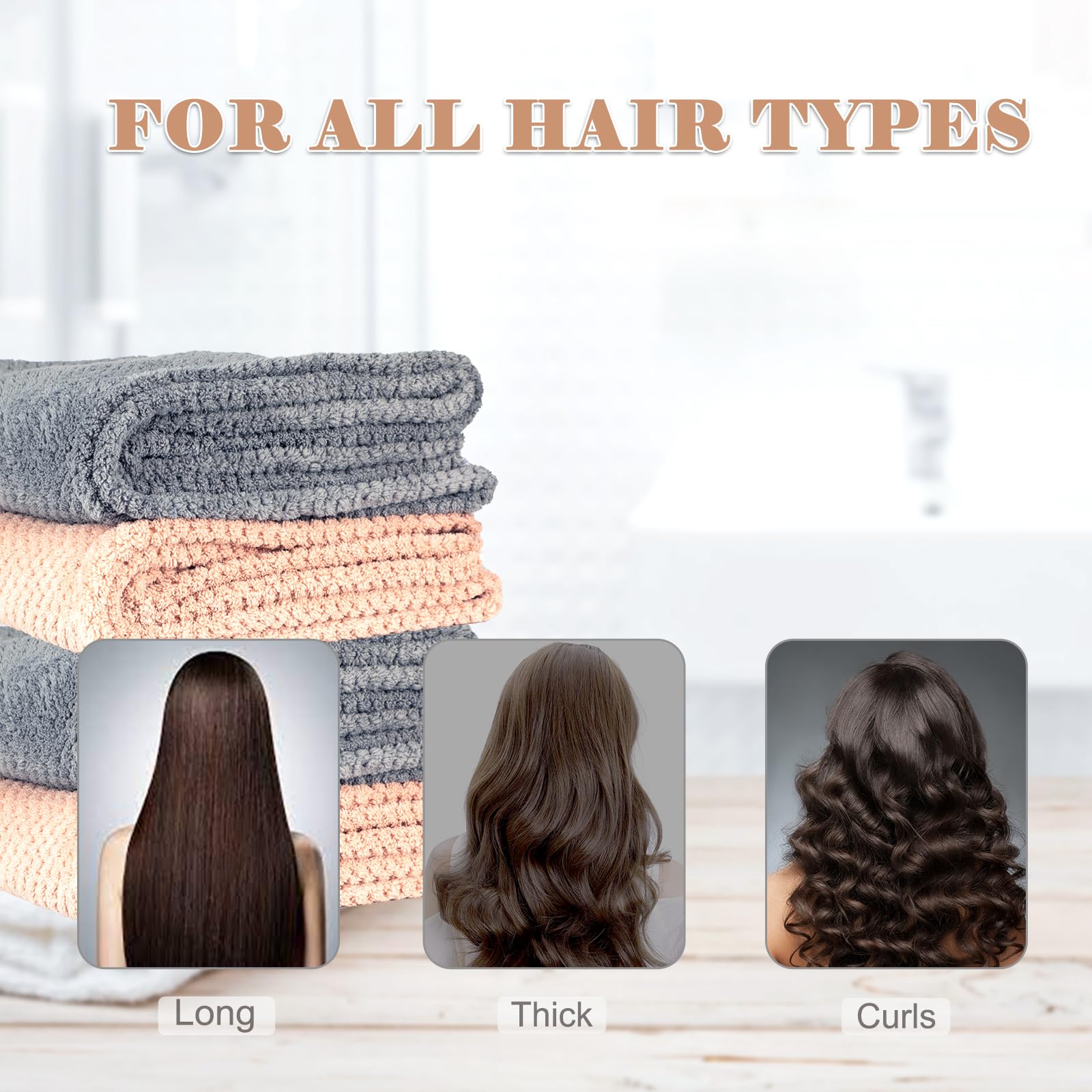 FREATECH 2-Pack Large Microfibre Hair Towel Wrap for Women, 86 x 26 cm Thicken Super Absorbent Hair Turbans, Anti-frizz Hair Drying Towel with Elastic Band for Wet Long Thick Curly Plopping Hair