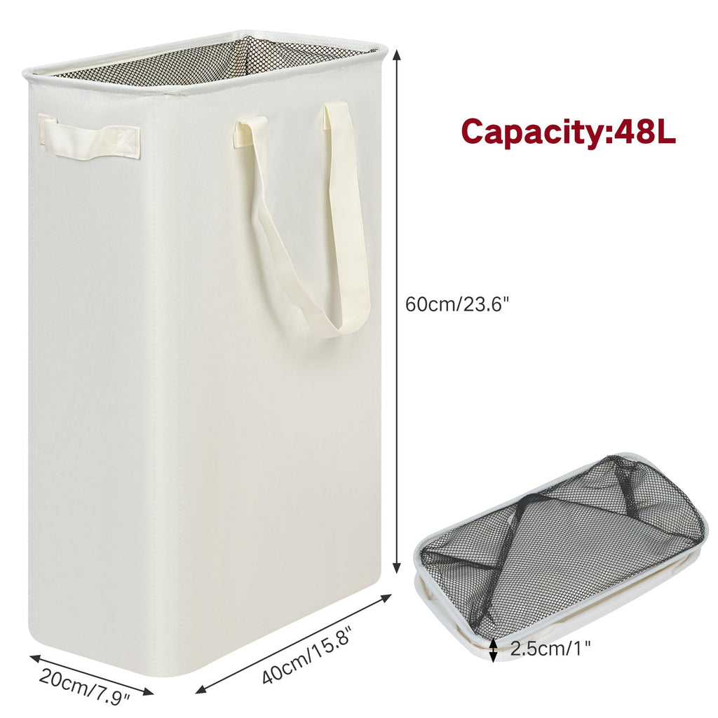 efluky Slim Laundry Hamper with Handles, Collapsible Small Hamper for Laundry, Dirty Clothes Basket for Bedroom, Dorm and Laundry Room, 48L (12.7 Gallon) Beige