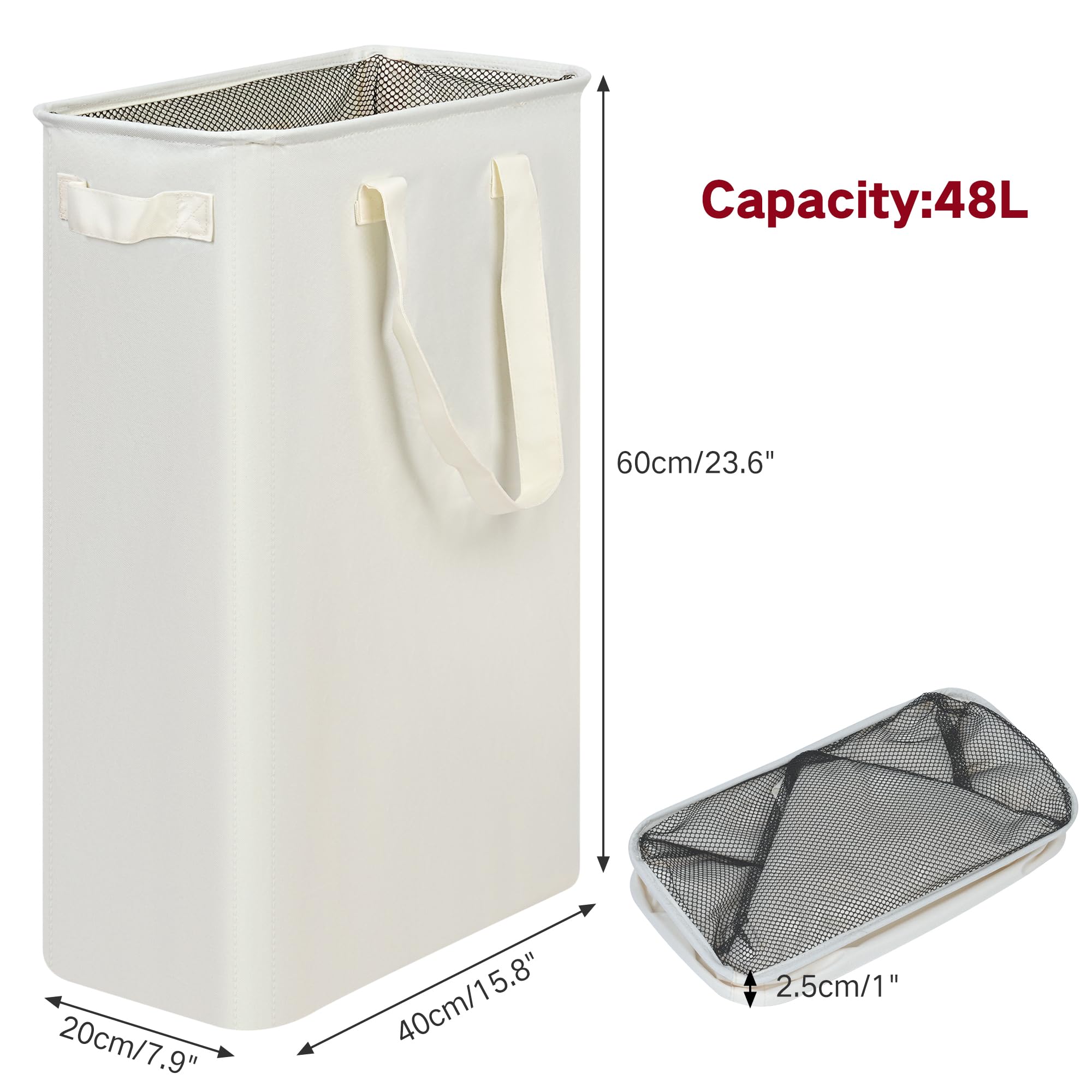 efluky Slim Laundry Hamper with Handles, Collapsible Small Hamper for Laundry, Dirty Clothes Basket for Bedroom, Dorm and Laundry Room, 48L (12.7 Gallon) Beige