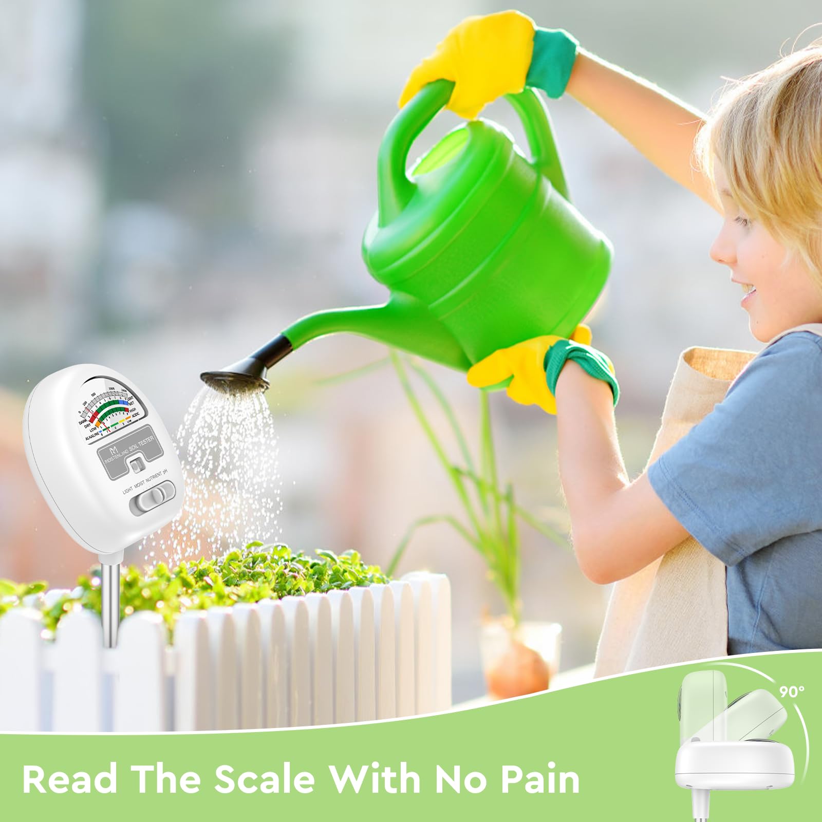[Upgraded] Soil Moisture Meter, 4-in-1 Soil pH Tester, Soil Moisture/Light/Nutrients/pH Meter for Gardening, Lawn, Farming, Indoor & Outdoor Plants Use, No Batteries Required