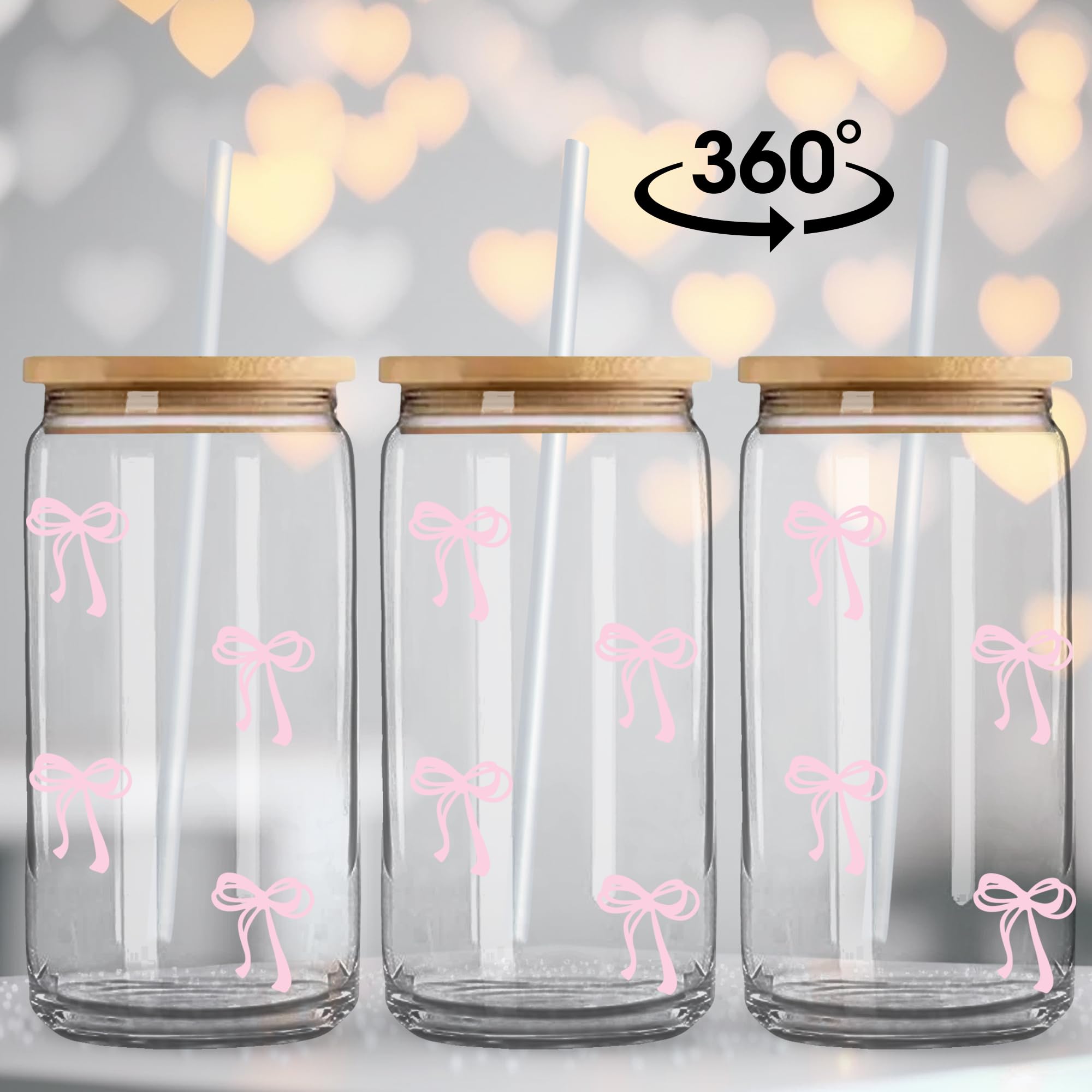 BIPEDS Coquette Cute Pink Bow Glass Cups with Lids and Straws, Aesthetic Iced Coffee Cup, Girly Preppy Design Tumbler Mug, Birthday Valentines Christmas Gifts for Women, Teen Girl Gifts Trendy Stuff