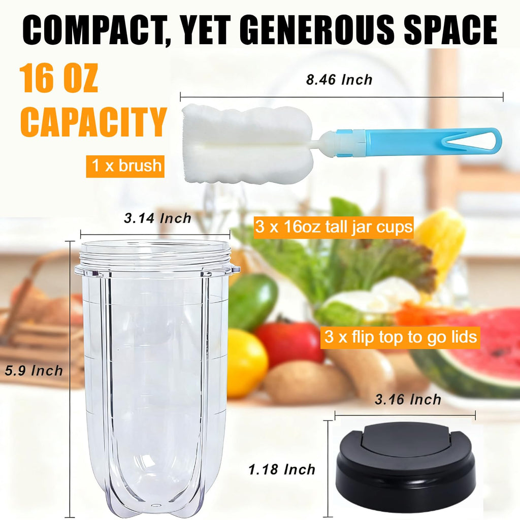 MB1001 16OZ Replacement Cups with Lids Compatible with Magic Bullet 250W Blenders Juicer with Brush 3 Packs