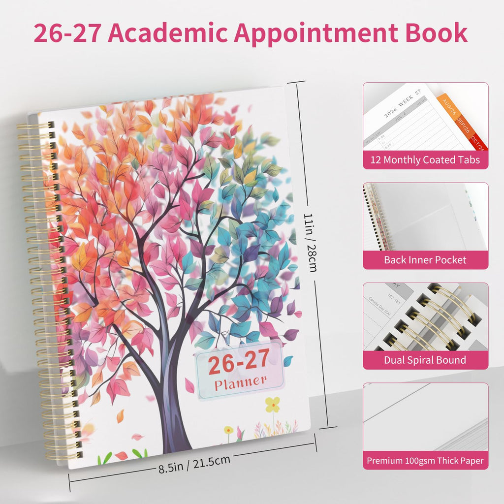2026-2027 Appointment Book Weekly Quarter-Hourly, July 2026 - June 2027 Agenda 2026-2027 Academic Planner with Colorful Tabs, 8.5"x11", Spiral Binding, Hardcover, Note Pages, Pockets