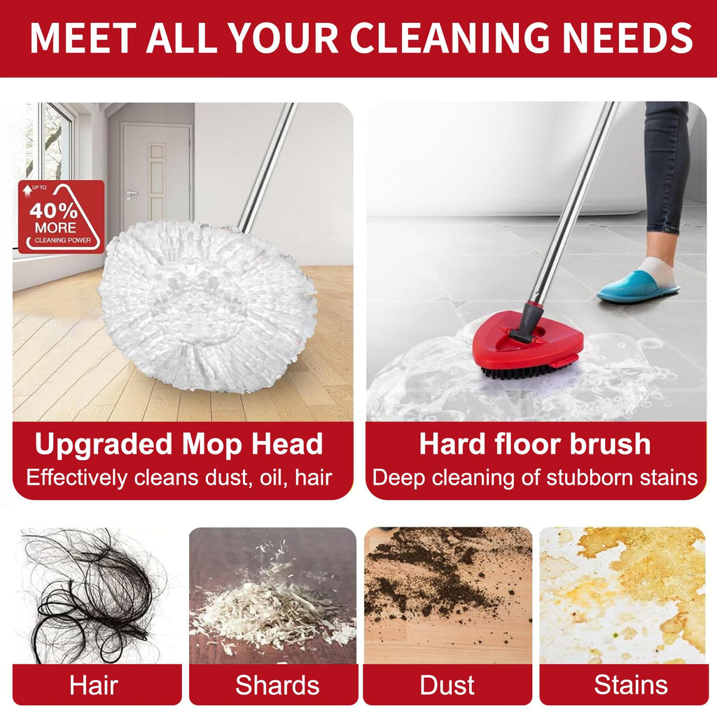 4 Spin Mop Replace Head for Vileda EasyWring 1 Tank, 30”-58" Mop Handle,Chenille&Microfiber Head Refills for Multi-Surface Floor Dry/Wet Use,Triangle Floor Base and Scrub Brush Combo Set Replacement