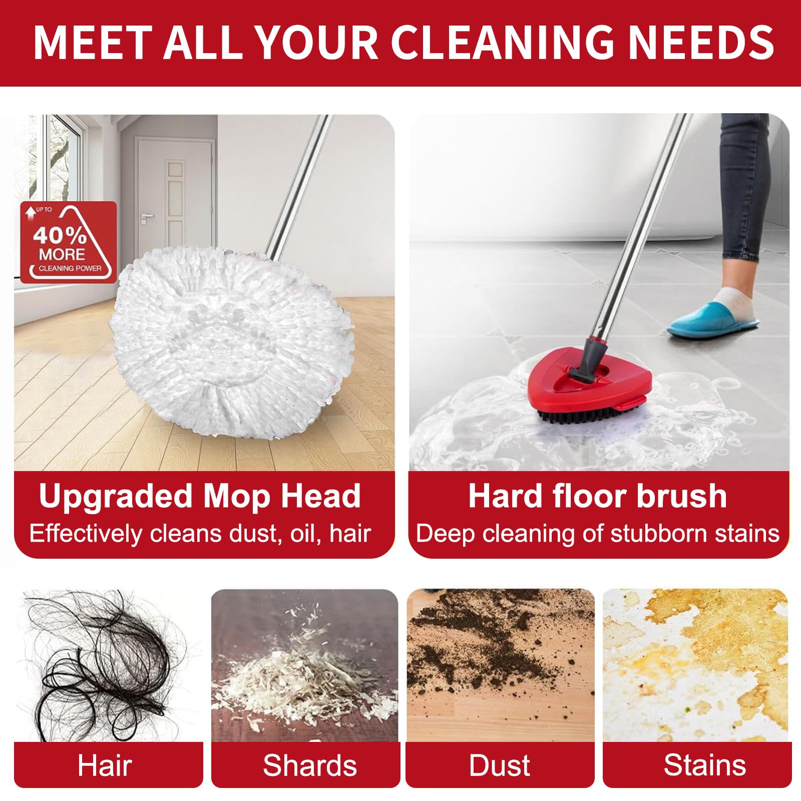 4 Spin Mop Replace Head for Vileda EasyWring 1 Tank, 30”-58" Mop Handle,Chenille&Microfiber Head Refills for Multi-Surface Floor Dry/Wet Use,Triangle Floor Base and Scrub Brush Combo Set Replacement