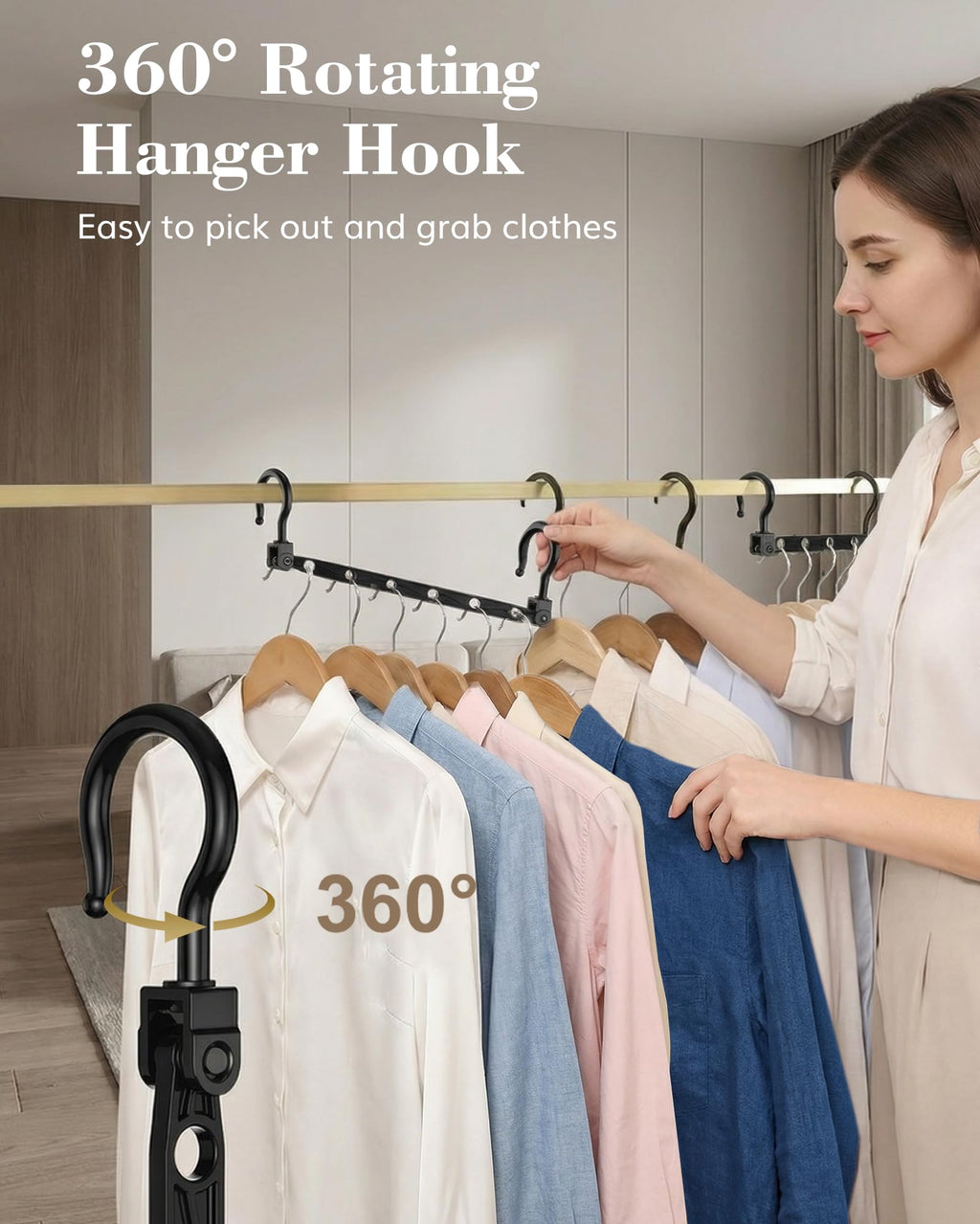 Latoxcaa Space Saving Hangers for Clothes, 24 Pack Collapsible Hangers with 6 Holes and 360° Swivel Hook, Hanger Hooks Space Saver for Closet Organizers and Storage, Dorm Room Essentials, Black