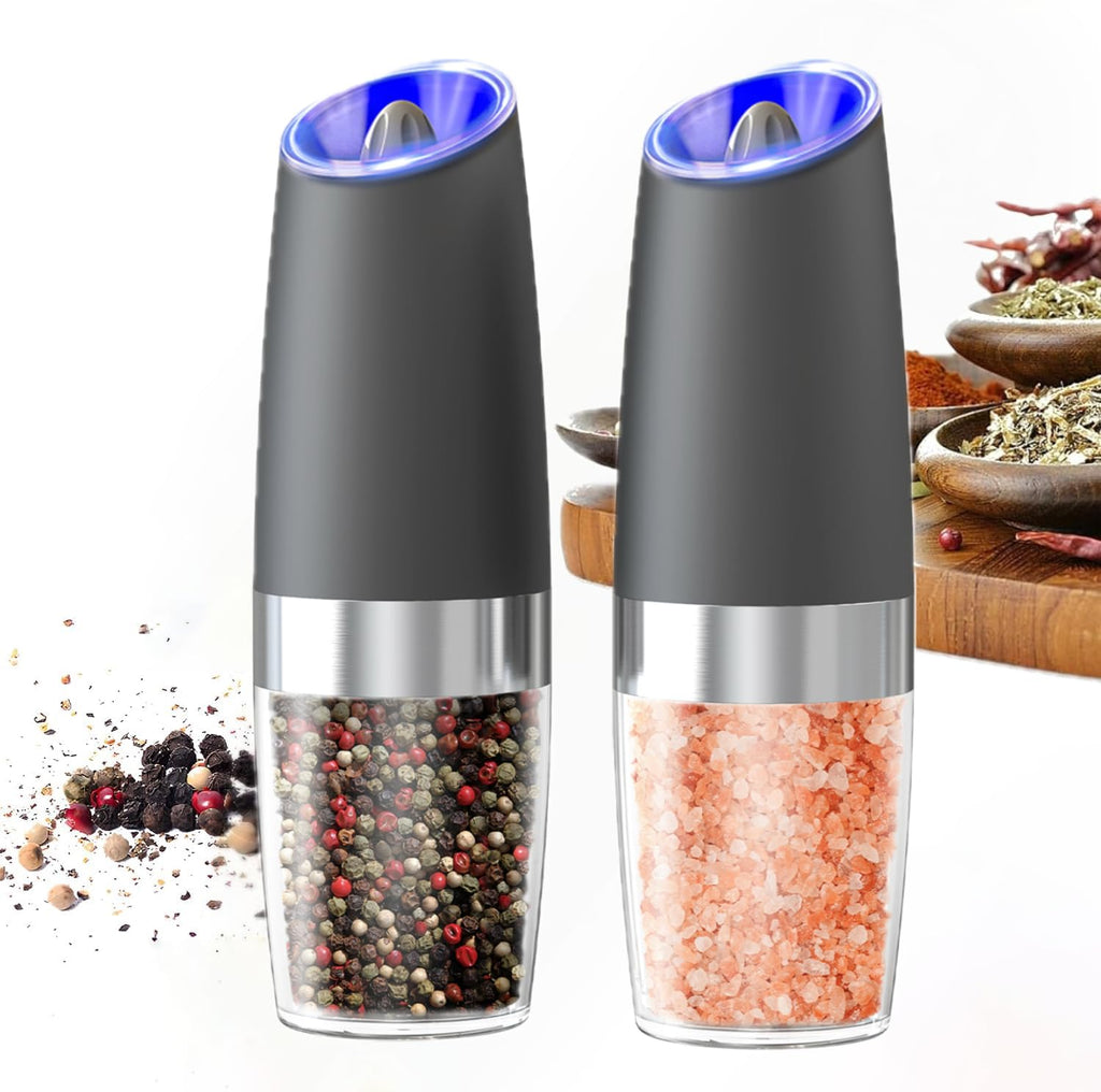 PEIPU Electric Pepper and Salt Grinder, Seasoning Mill，Adjustable Coarseness,with LED Light,One Hand Automatic Operation, Stainless Steel