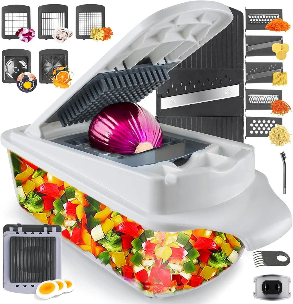 RüK Vegetable Chopper Slicer Onion Chopper Dicer, Multi 22-in-1 Veggie Mandoline Slicer Food Chopper Cutter for Tomato Fruit with Lemon Squeezer, E-Recipe, 11 Blades, Egg Separator & Slicer, Container