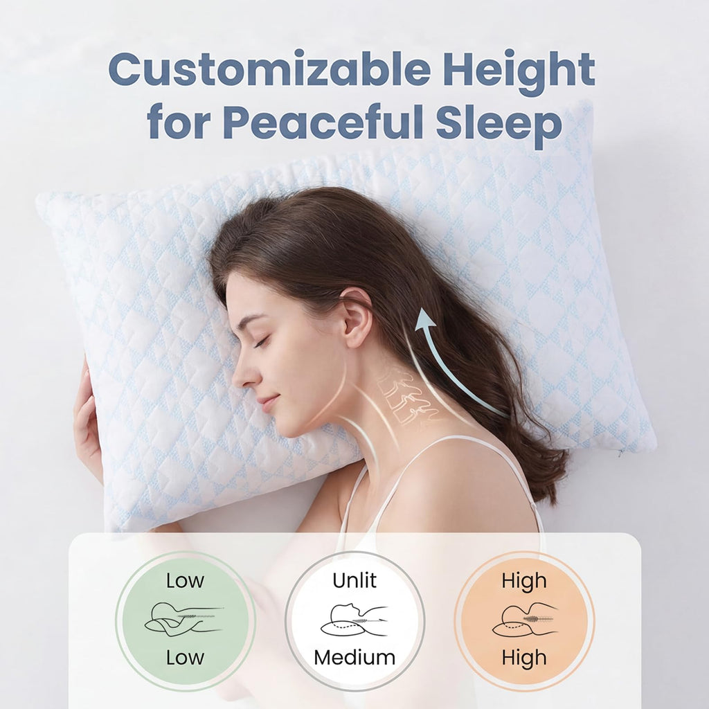 Adjustable Memory Foam Bed Pillows:Queen Size Shredded Foam Pillow Set of 2 for Sleeping with Removable & Washable Pillowcase for Back,Side & Stomach Sleeper-Medium Firm