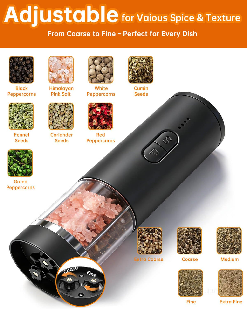 Aotto 2-in-1 Electric Salt and Pepper Grinder Set, USB-C Rechargeable Automatic Mill with LED Light, One-Handed Operation, Adjustable Coarseness