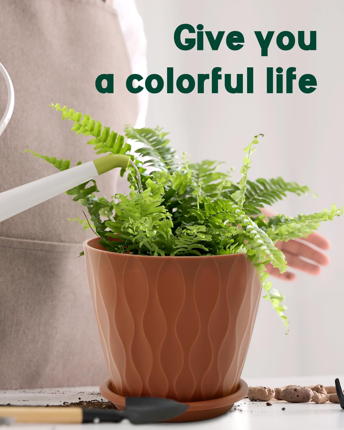 Goproauto 6 Inch Indoor Planter Pots with Drainage Hole and Tray Saucer,Flower Pots for Indoor Outdoor Garden Plants and Flowers, Multicolor, 4 Packs