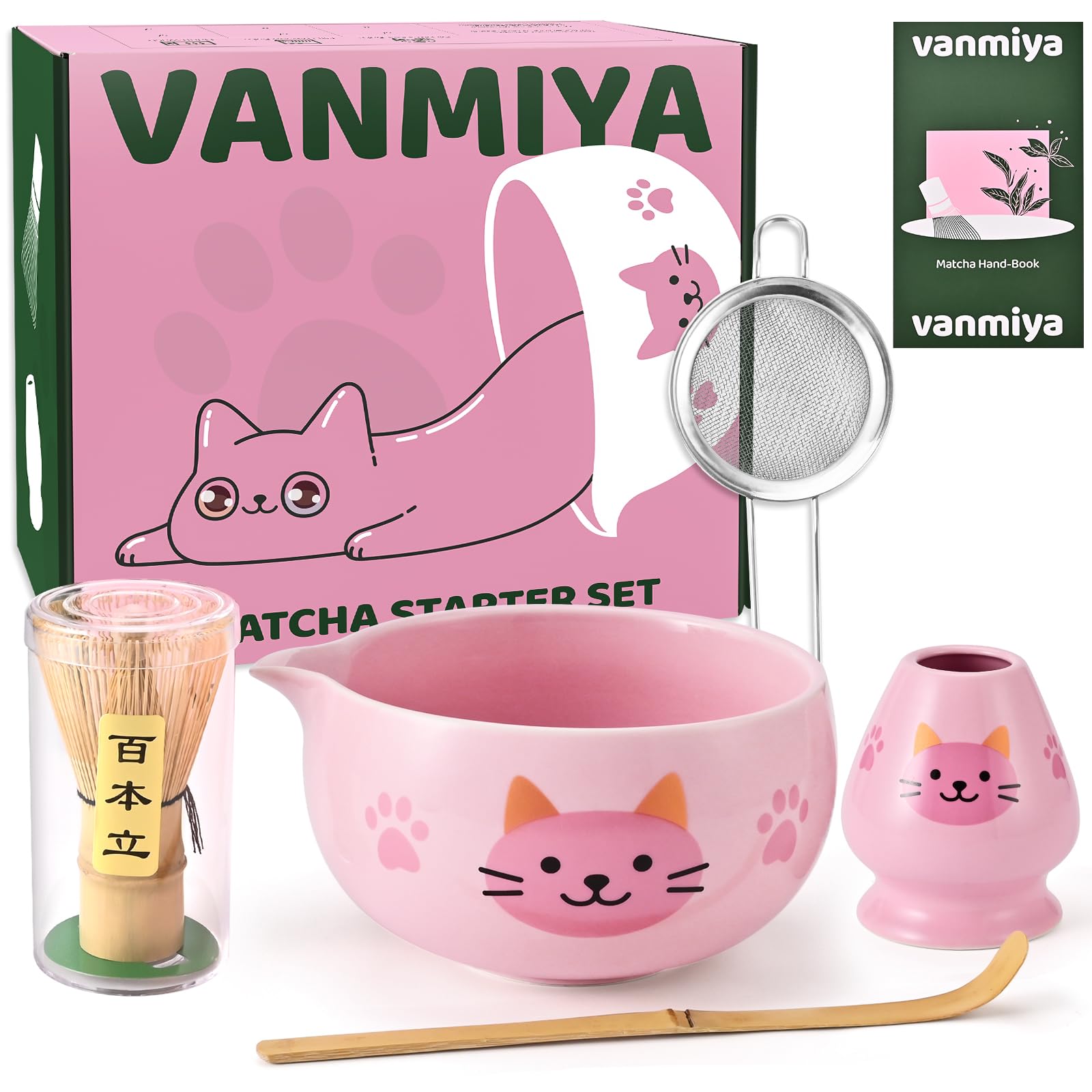 Vanmiya Matcha Whisk Set, 5Pcs Ceramic Matcha Set Includes Matcha Bowl, Matcha Whisk and Holder, Bamboo Scoop and Sifter, Ideal Matcha Bowl Set for Authentic Matcha Tea Experience