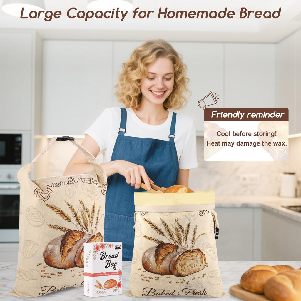 Beeswax Bread Bags for Sourdough, 2 Pack Reusable Bread Bag for Storage XL 17x13 Inch, Large Linen Bags for Homemade Sourdough - Keep Fresh, Freezer Safe