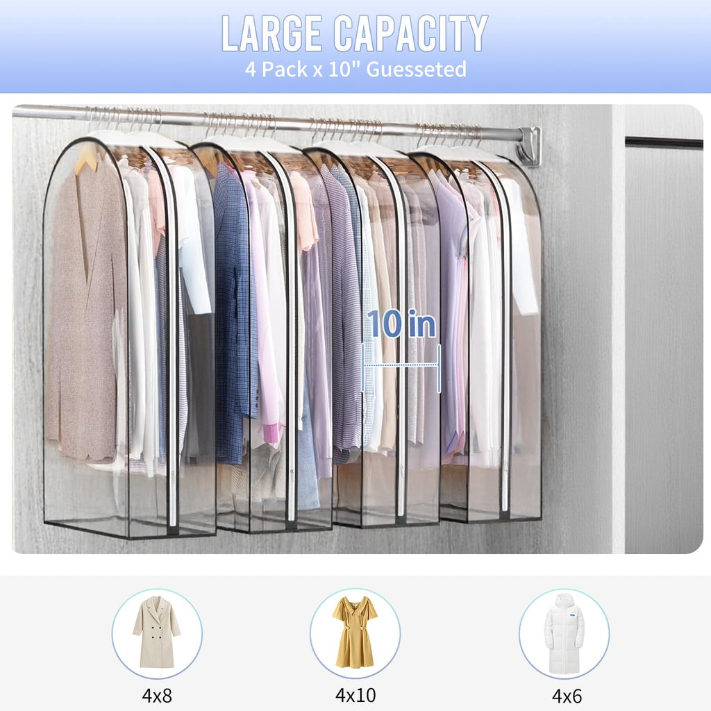Clear Garment Bag For Hanging Clothes 50" Longth- 4 Pack 10" Gusseted Suit Bags For Closet Storage, Plastic Clothes Storage Bag For Suit Coat Dress, fur, Clothes Cover For Open Closet
