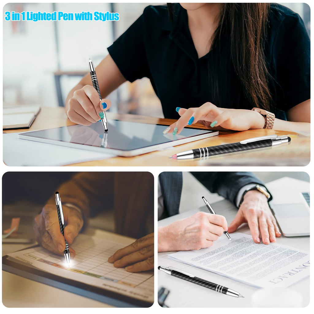 Lighted Tip Pen With Stylus - LED Penlight Light Up Ballpoint With Stylus for Writing in The Dark - Pack of 3 - White Light - GL006