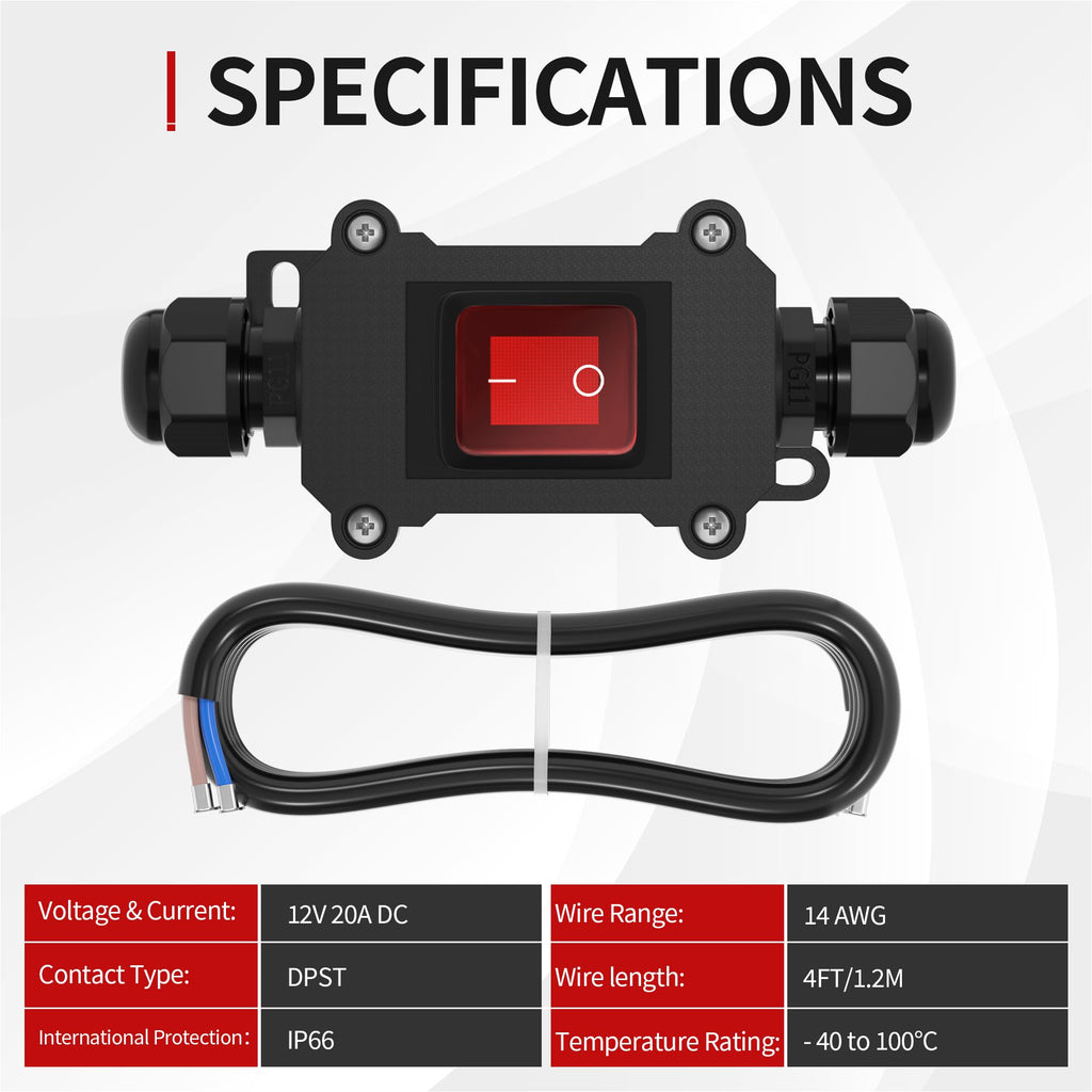RVBOATPAT Inline Cord Switch 12V 20A DC Waterproof Inline Switch IP66 Red Lighted 2 Position 4 Pin DPST with 14 AWG Wire Outdoor Power Lamp ON/Off Switch KCD2