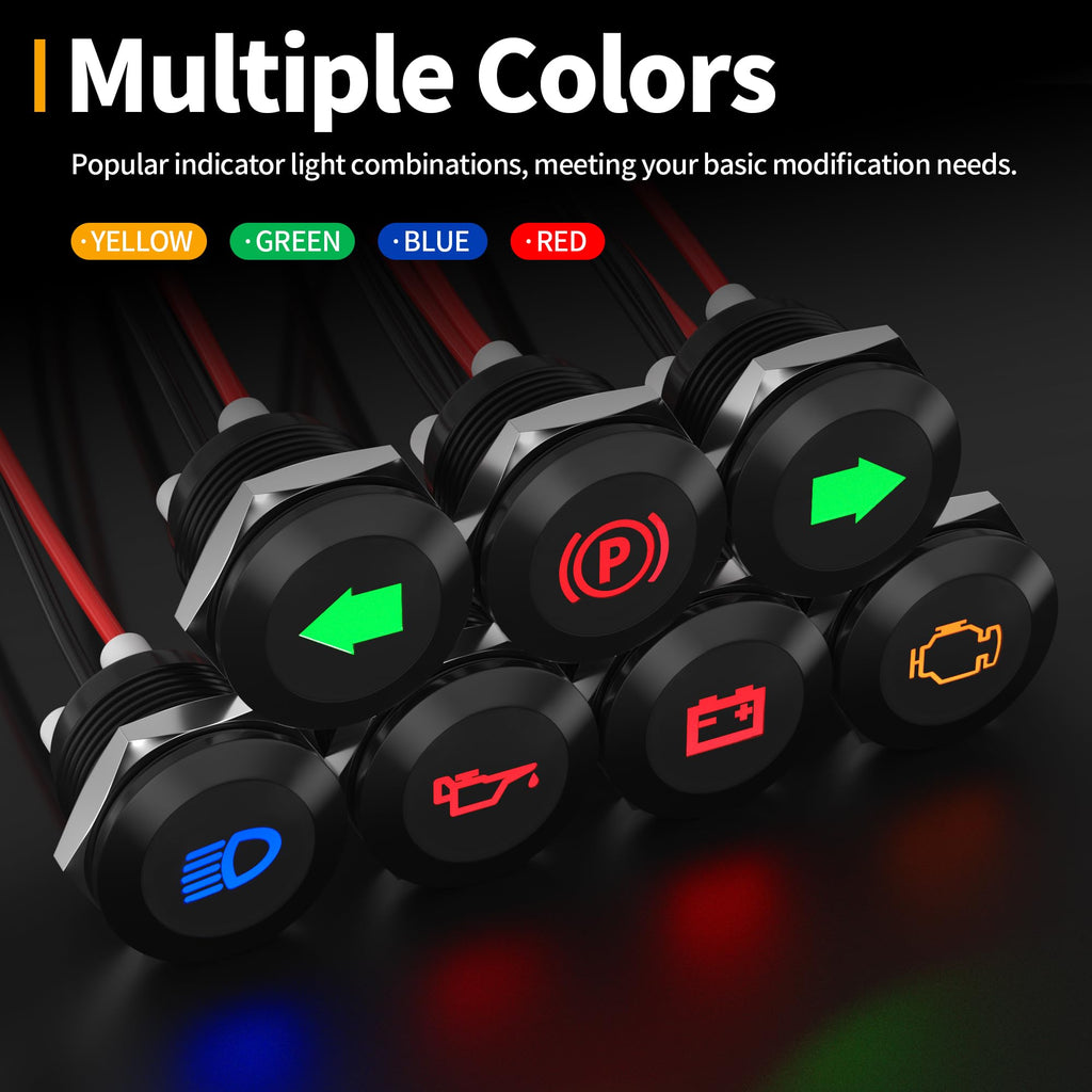 RVMARINEPAT 12V LED Indicator Light Small Indicator Light Waterproof 1/2" Panel Cutout 12 Volt 24 Volt Metal LED Indicator Pilot Dash Light with 300MM Wires -7PCS