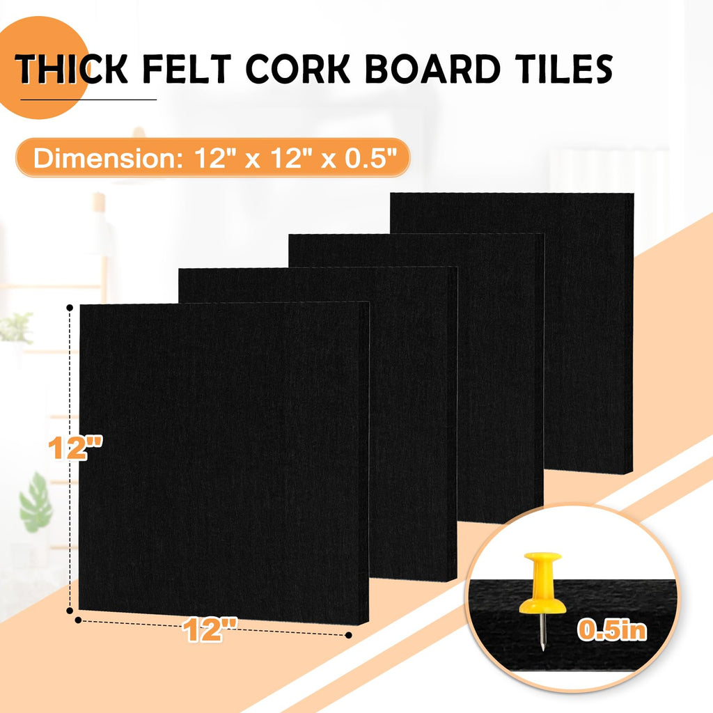 AMUSIGHT Large Cork Board Tiles, 4 Packs 12" x 12" 1/2" Thick Cork Bulletin Board Felt Board Self Adhesive Cork Boards for Walls Home Office Kitchen School, 40 Push pins, Black