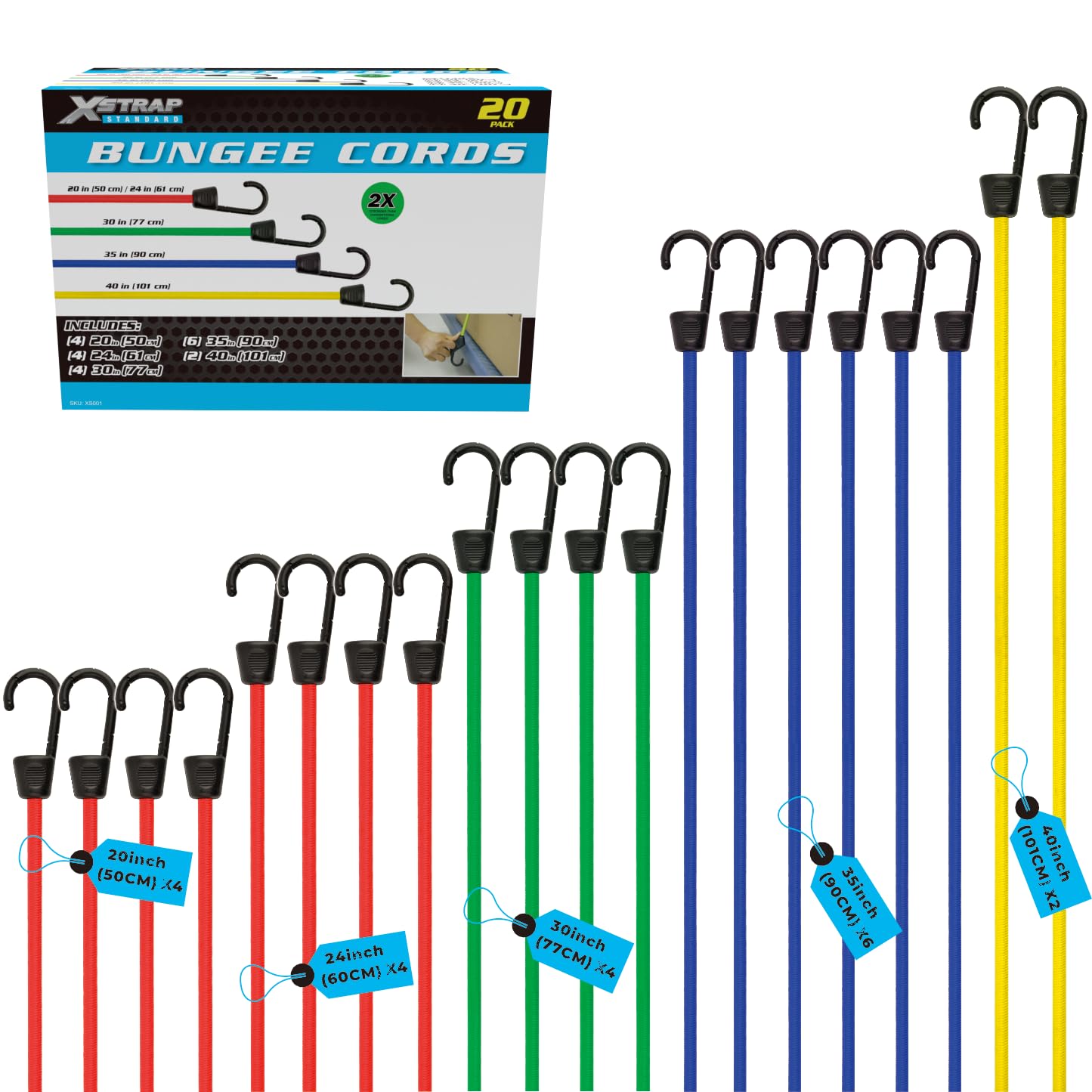 XSTRAP STANDARD 20 Pieces Premium Bungee Cords Assortment - Includes 20”, 24”, 30”, 35”, 40” Bungee Cords with Hooks