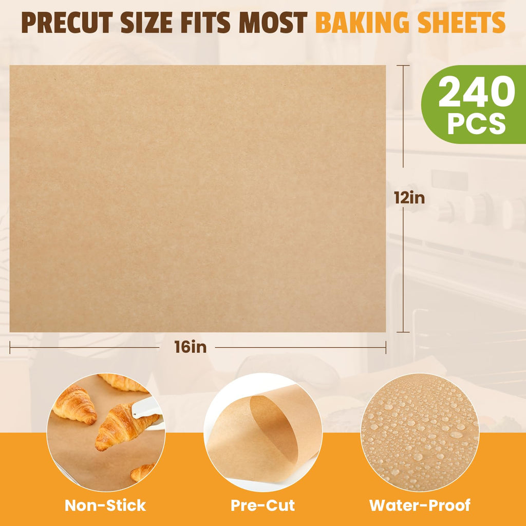 CAREGY 240Pcs Unbleached Parchment Paper Sheets, 12 x 16 Inch,Precut Non-Stick Parchment Paper for Baking,Cooking, Grilling, Air Fryer and Steaming,Fit for Half Sheet Pans