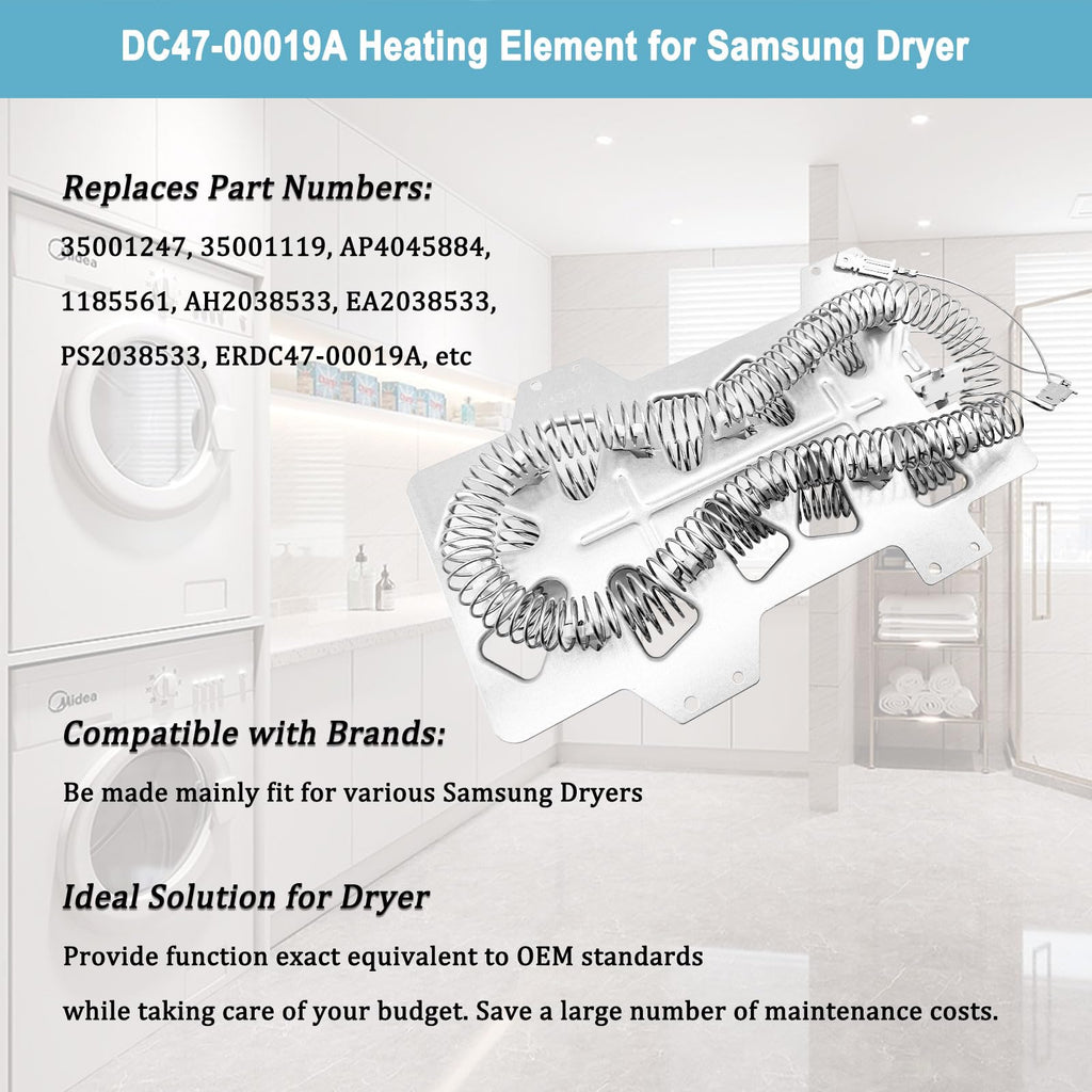 DC47-00019A Dryer Heating Element for Samsung【Nickel 95%+】 - Compatible with Whirlpool May-tag Dryer Element for Samsung DV42h5000EW/A3 DV45h7000EW/A2 - Replaces 35001247 AP4045884 EA2038533 PS2038533