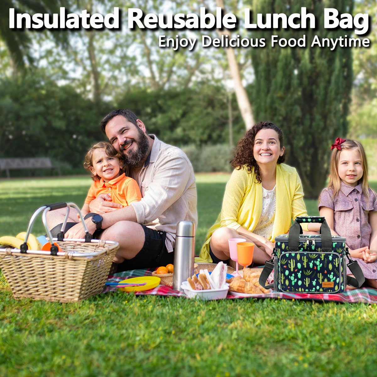 FlowFly Insulated Lunch Bag Adult Lunch Box Large Cooler Tote Bag with Top Handle for Men, Women, with Adjustable Strap,Front Pocket and Dual Large Mesh Side Pockets, ArmyGreen
