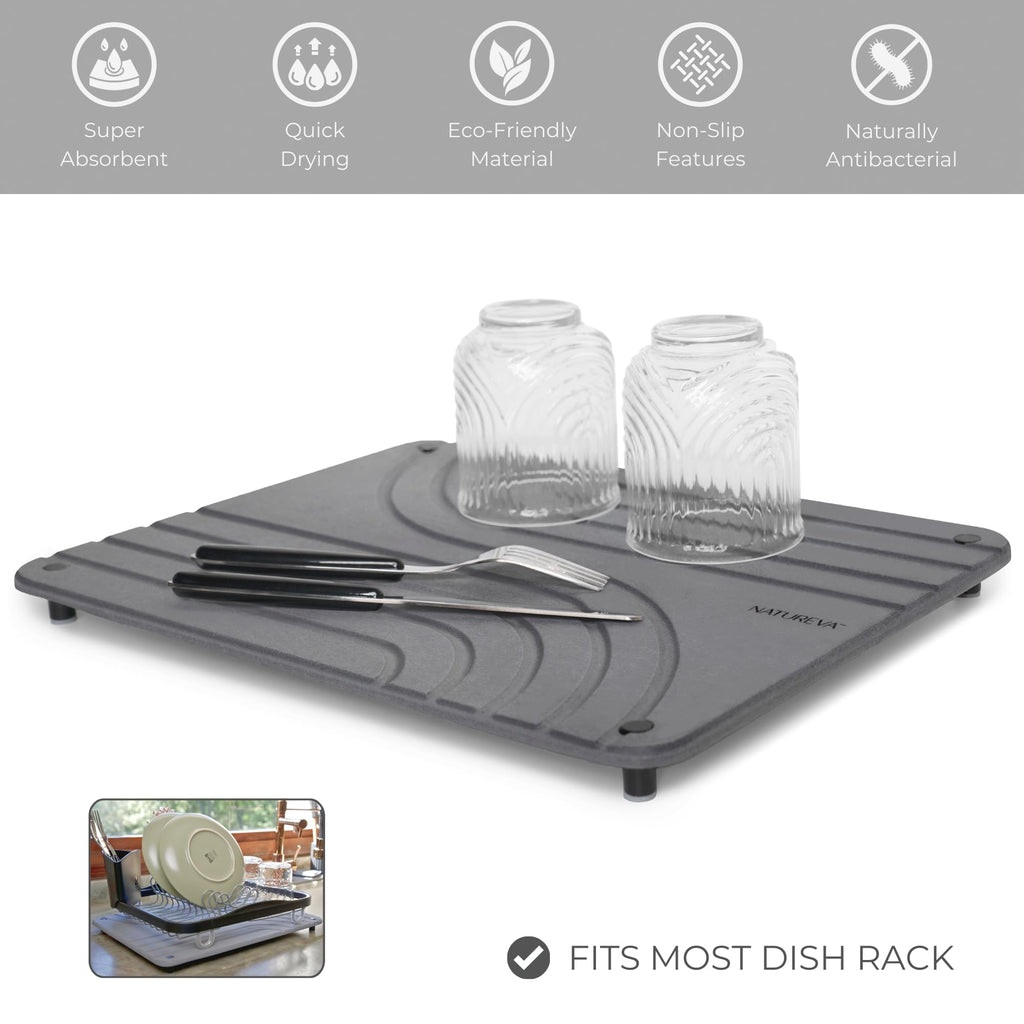 Natureva Stone Dish Drying Mat - Super Absorbent, Quick Dry Diatomite Mats for Kitchen Counter - Made of Natural Diatomaceous Earth Absorbing Water Instantly - Tide - Graphite