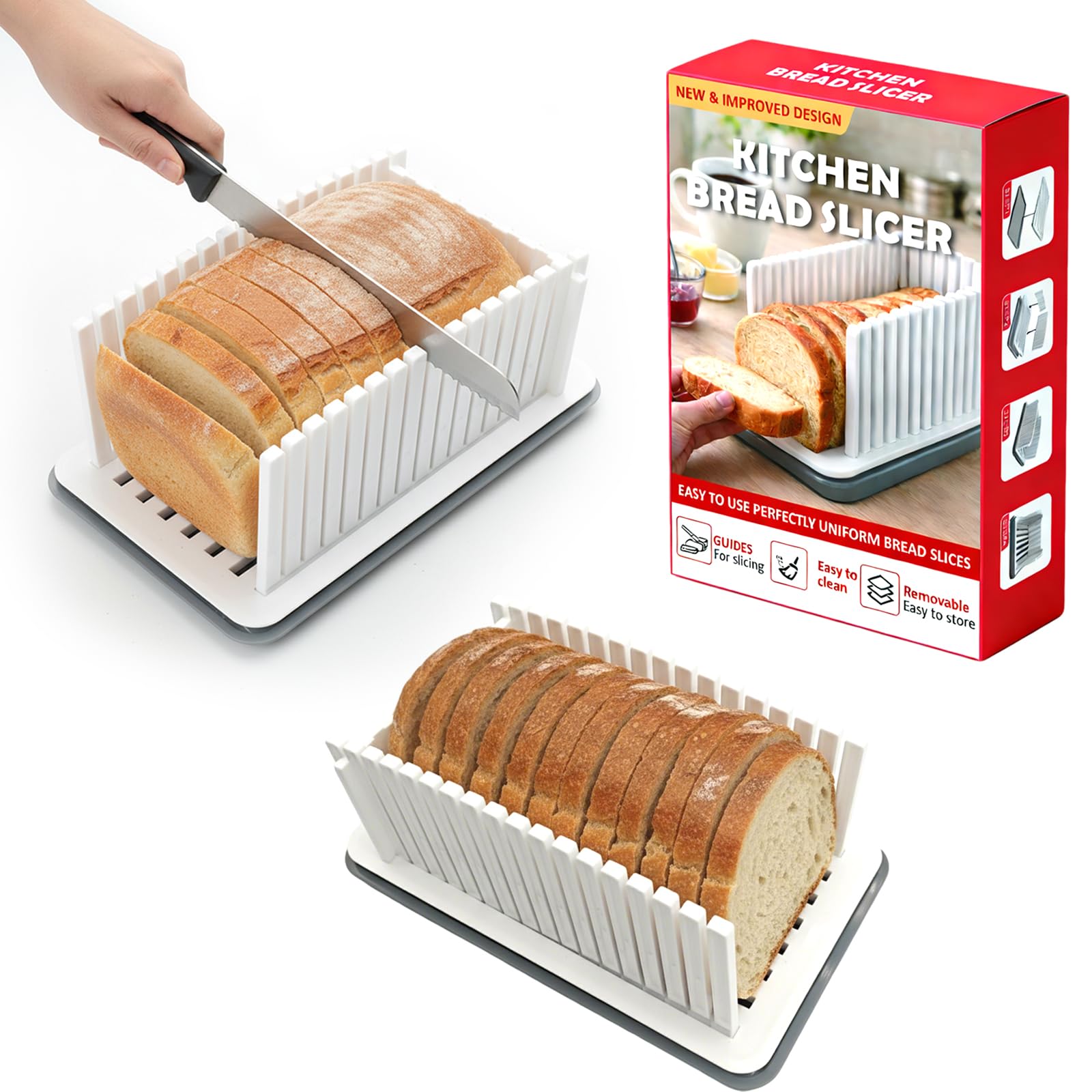 New Upgrade Bread Slicer for Homemade Bread, Adjustable Width, Foldable and Compact Cutting Guide with Crumb Tray, Suitability for Homemade Bread, Bagels, Cakes