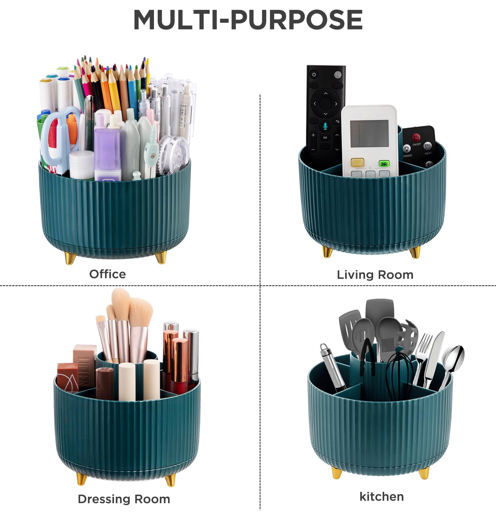 HBlife Pencil Pen Holder for Desk, 5 Slots 360° Degree Rotating Desk Organizers and Accessories, Desktop Storage Stationery Supplies Cute Pencil Cup for Office, School, Home, Art Supply, Dark Green