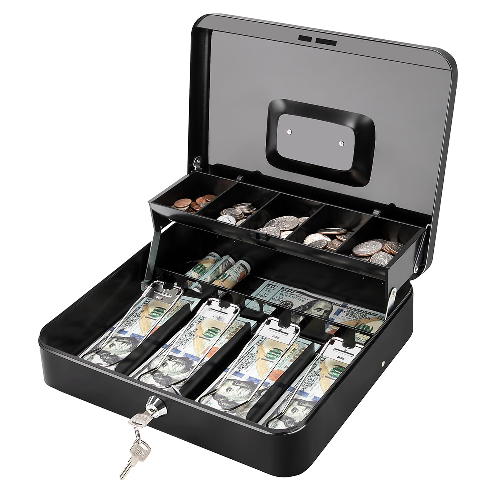 Jssmst Large Cash Box with Lock - 2017 New Metal Money Box 100% Safe, 11.8L x 9.5W x 3.5H Inches, Black, SM-CB0501L