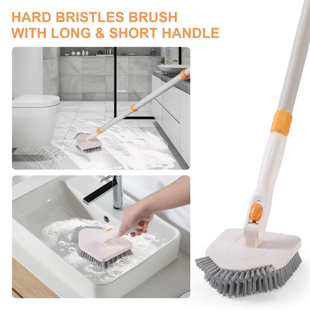 3 in 1 Shower Scrubber Cleaning Brush with 50'' Long Handle, FUUNSOO Tub & Tile Grout Brush Stiff Bristles Lock in Place Scrub Brush Head for Bathroom Kitchen Wall Floor Bathtub Sink Glass - Upgrade