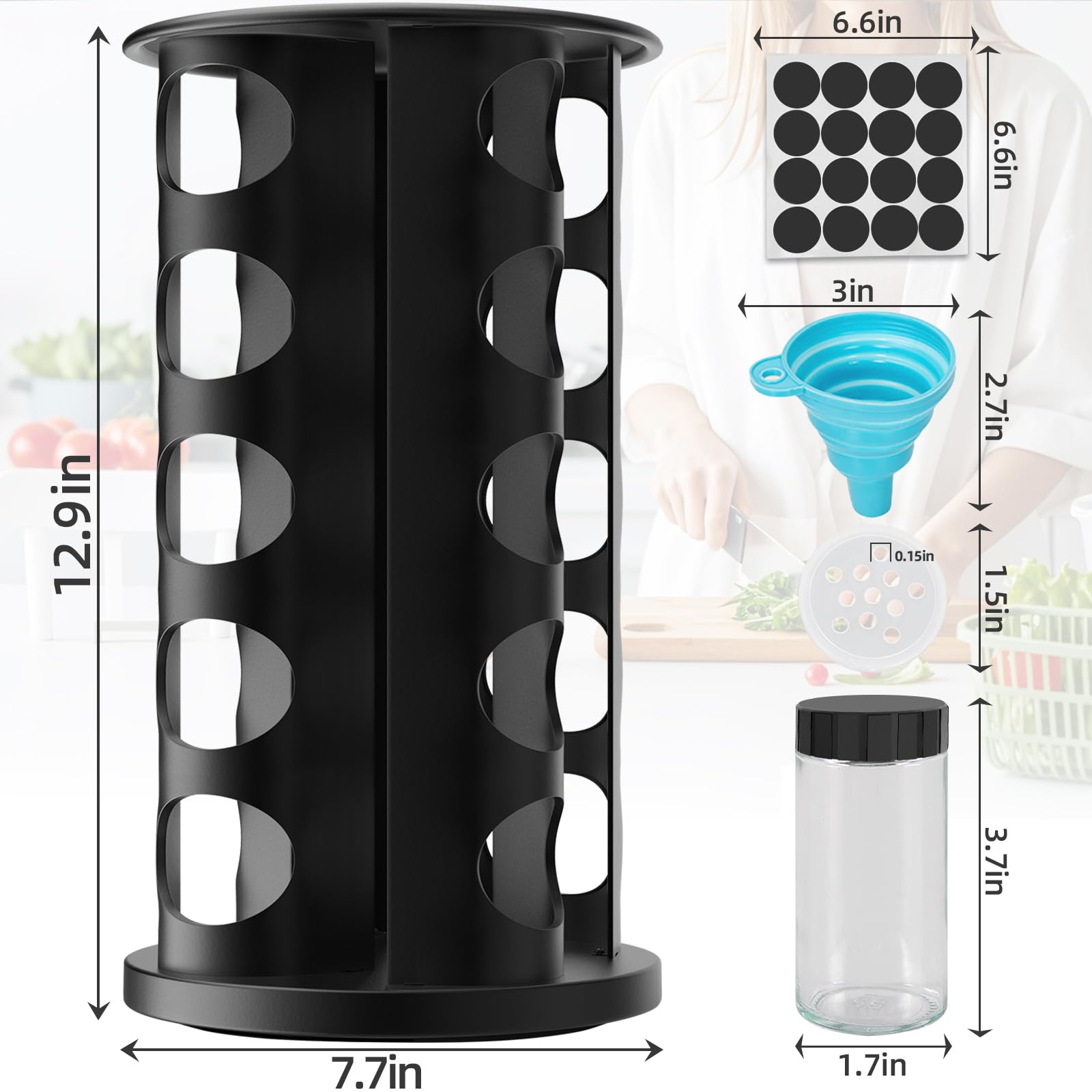 AKOZLIN Rotating Spice Jars with Rack Revolving Spice Rack with 20 Spice Jars Kitchen Spice Tower Organizer Stainless Steel with Stickers and Folding Funnel for Countertop or Cabinet, Silver