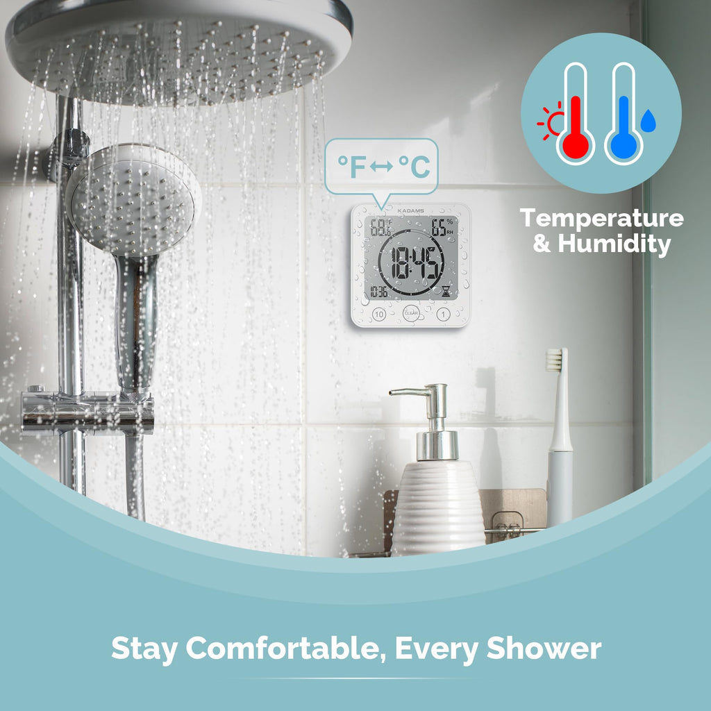 KADAMS Digital Bathroom Shower Kitchen Clock Timer, Waterproof for Water Splashes, Visual Countdown Timer, Time Management Tool, Indoor Temperature Humidity, Suction Cup, Hole Stand - White
