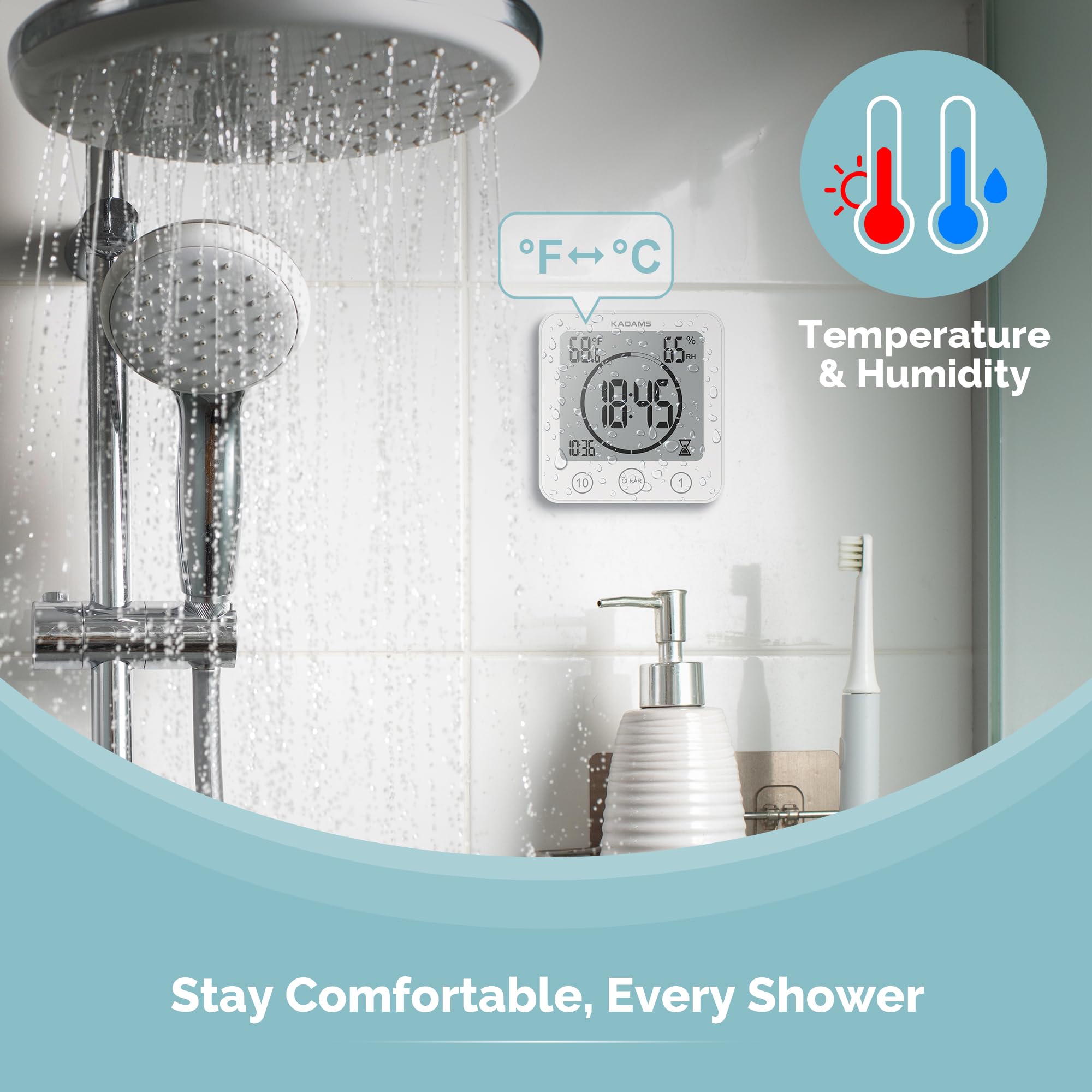 KADAMS Digital Bathroom Shower Kitchen Clock Timer, Waterproof for Water Splashes, Visual Countdown Timer, Time Management Tool, Indoor Temperature Humidity, Suction Cup, Hole Stand - White