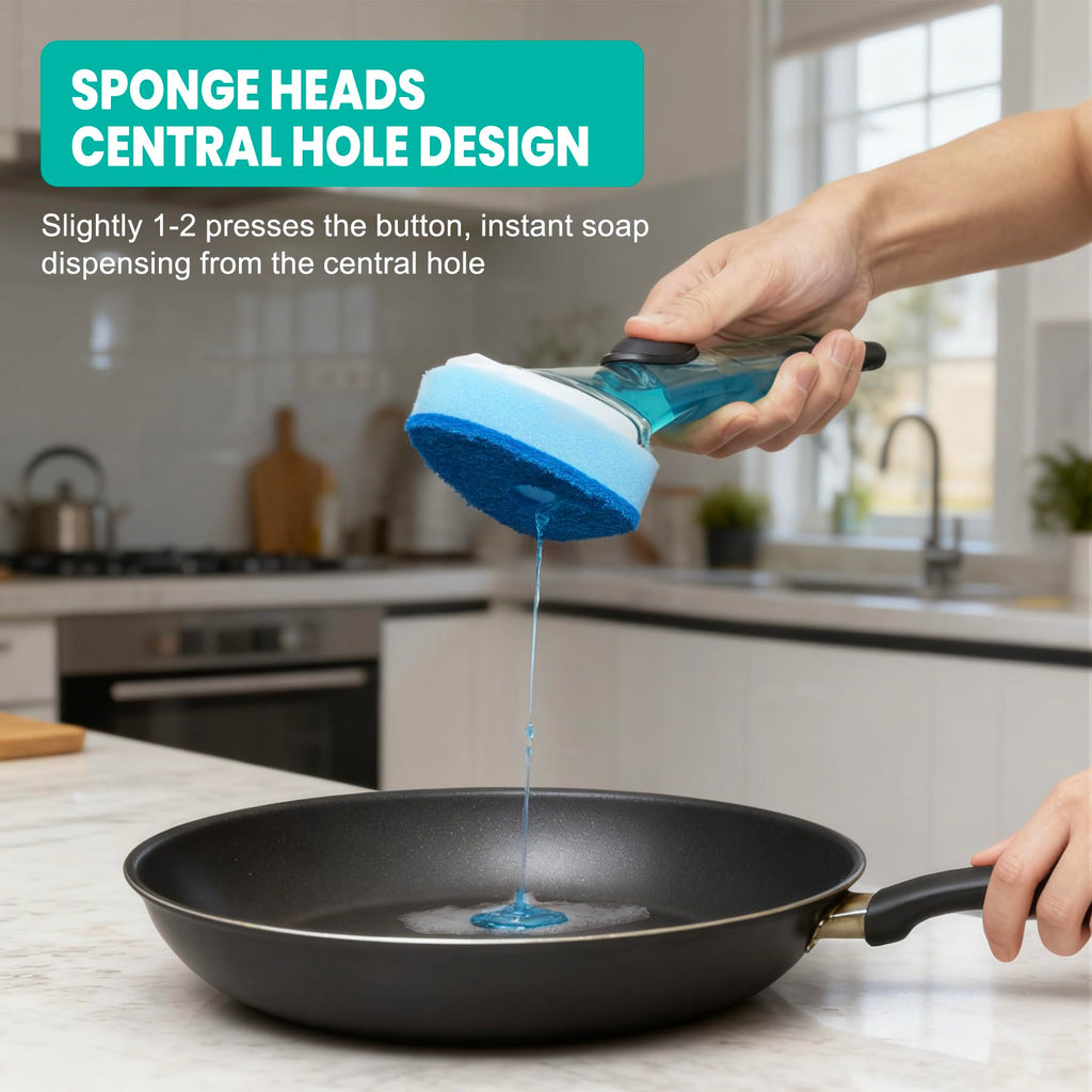 HELIME Dishwand Refills, Non-Scratch Replacement Sponge Heads for Dish Wand, Leak-Proof Handle with Heavy-Duty Scrubbers, Universal Compatible Soap Dispensing Brush for Kitchen, Bathroom Cleaning