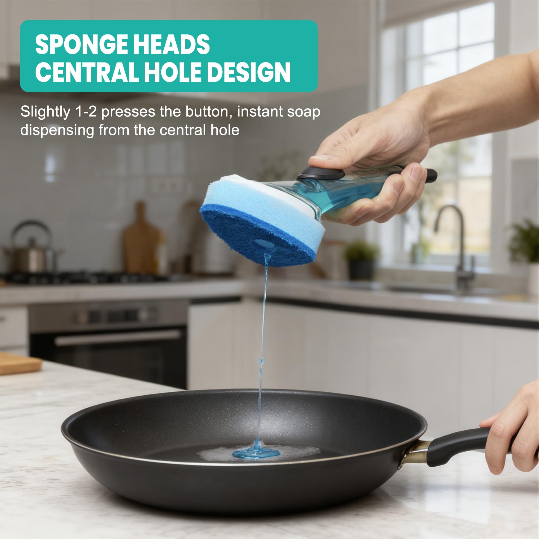 HELIME Dishwand Refills, Non-Scratch Replacement Sponge Heads for Dish Wand, Leak-Proof Handle with Heavy-Duty Scrubbers, Universal Compatible Soap Dispensing Brush for Kitchen, Bathroom Cleaning