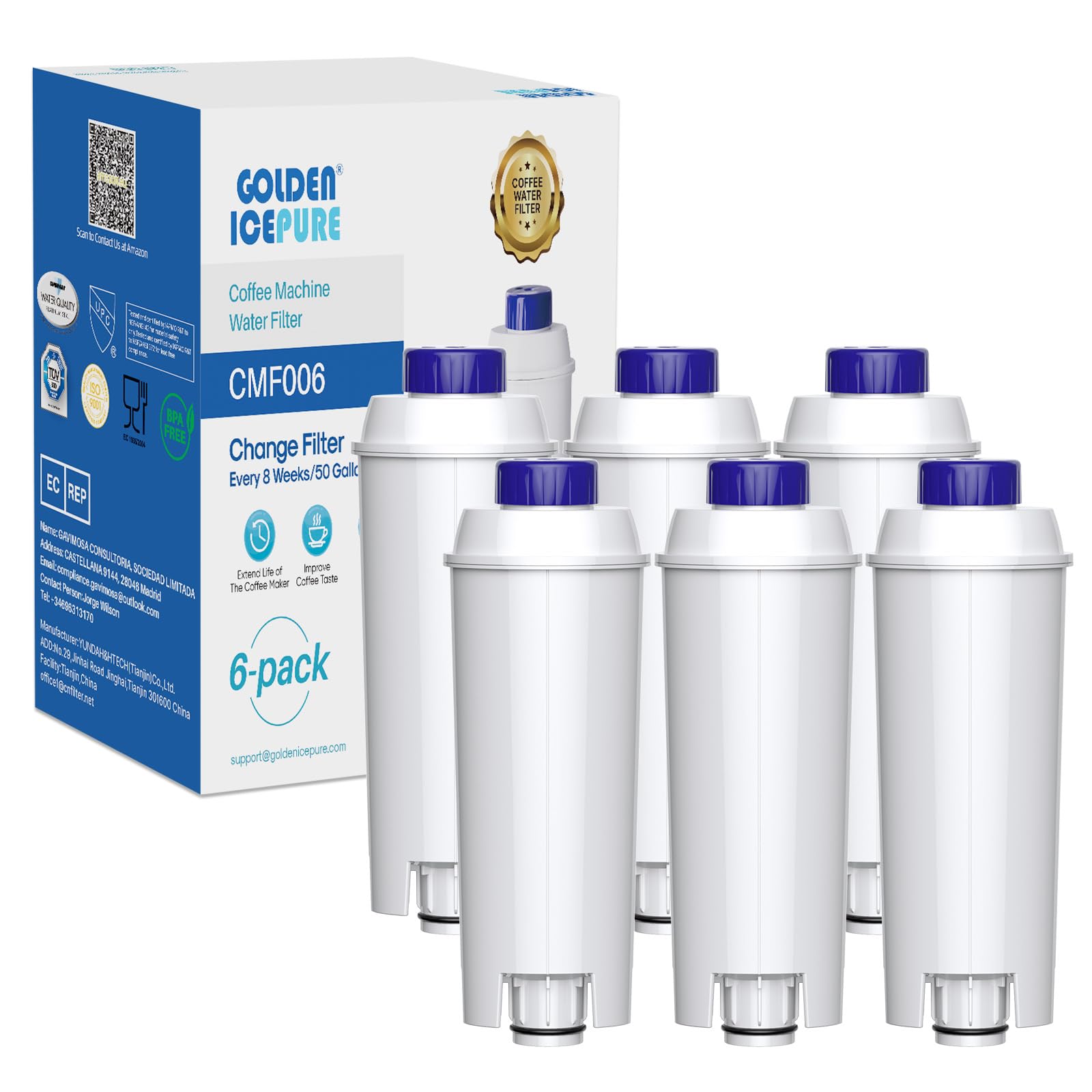 GOLDEN ICEPURE Coffee Machines Water Filter Compatible with De'Longhi DLSC002, SER3017 & 5513292811,De Longhi,ECAM, Esam, ETAM, BCO, EC-Series,6 Pack