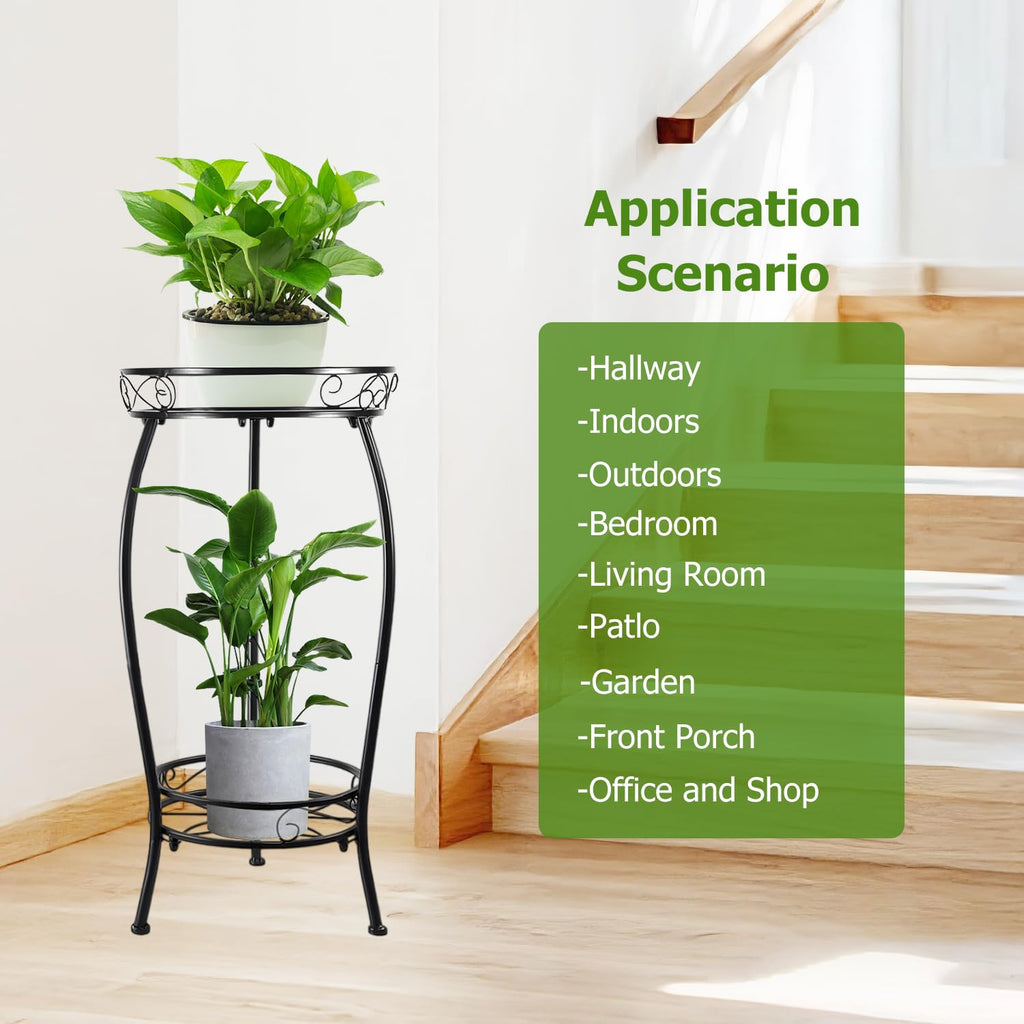 ILIYAH Metal Plant Stand Indoor - 2-Tier Metal Round Shelf Plants Stand, Space-Saving 27″ Indoor Plant Stand for Home Décor (Black)