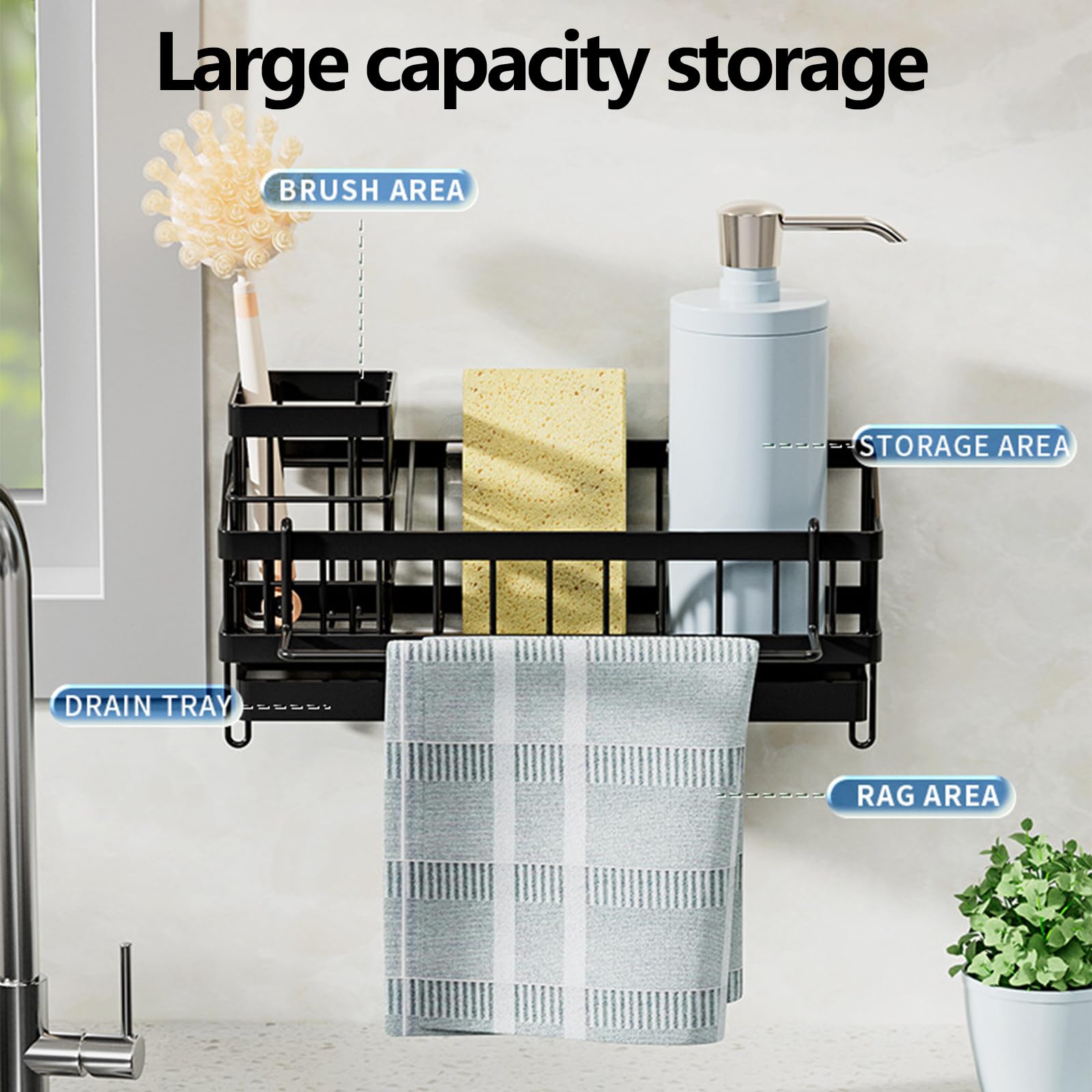 Kitchen Sink Caddy Organizer-Sponge Holder for Kitchen Sink with Brush Holder,Kitchen Organizer Countertop Rustproof, Multi-functional Soap Dispenser,Bath Organizers and Storage Accessories